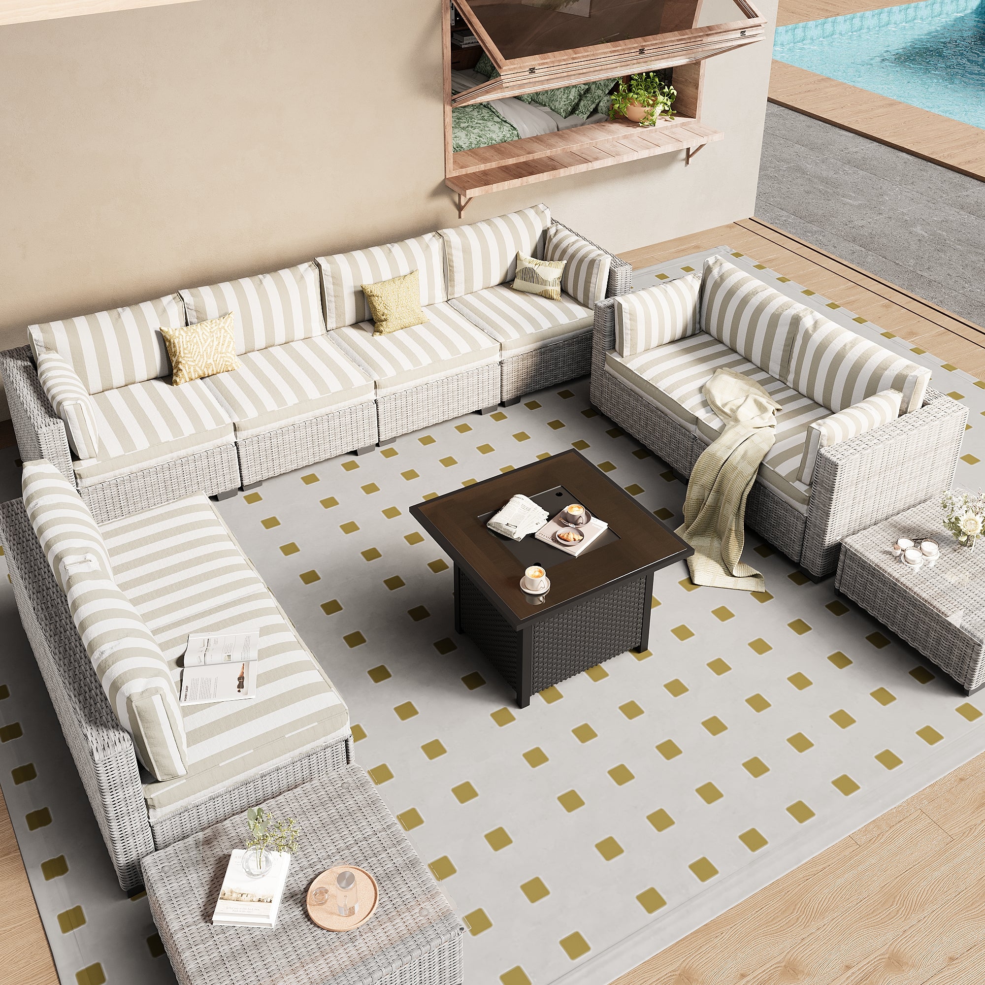 Ark Design 10-Piece Rattan Wicker Outdoor Patio Conversation SofaSeating Set with Coffee Table and fire pit, Stripe Brown Cushions with Sofa Protection Cover Option