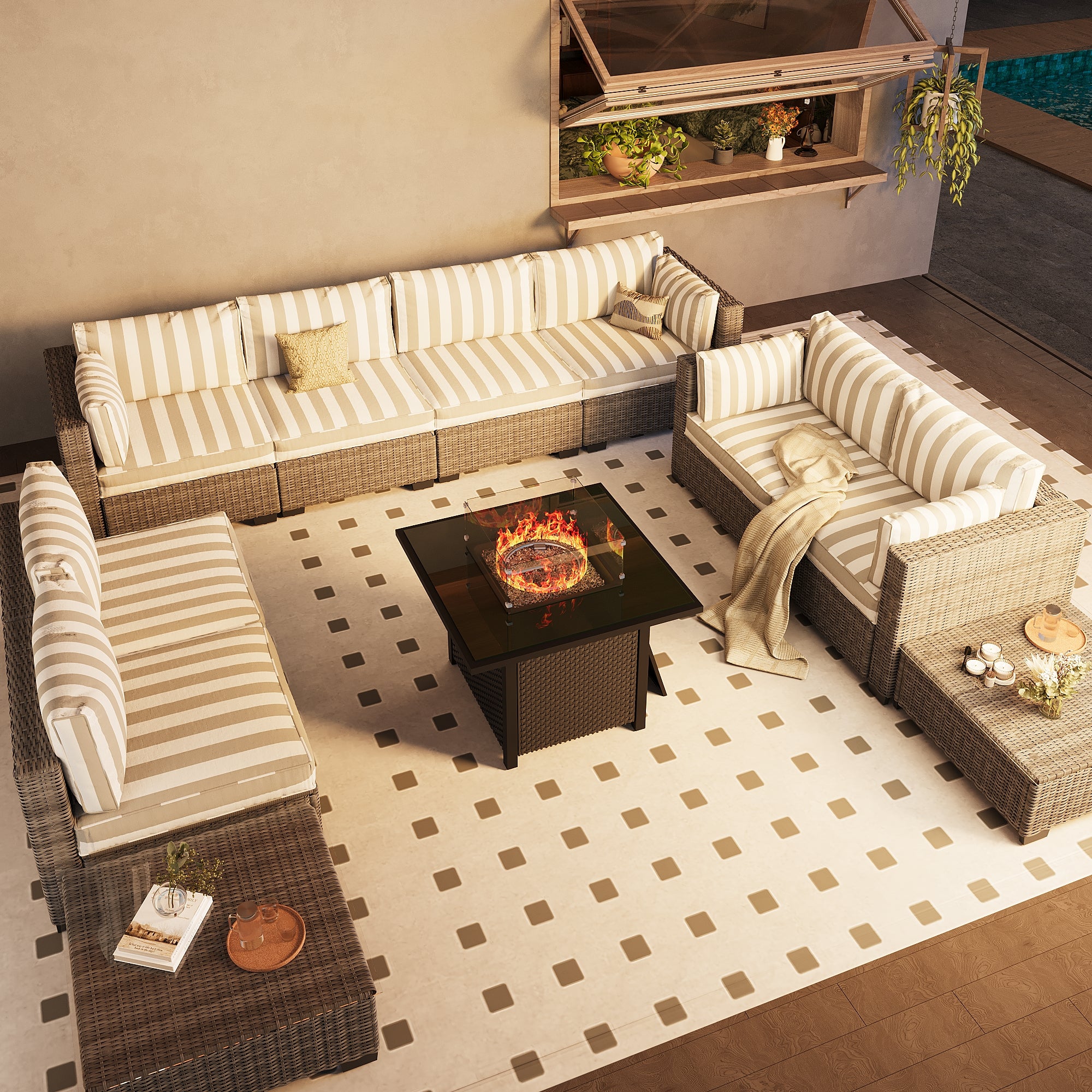 Ark Design 10-Piece Rattan Wicker Outdoor Patio Conversation SofaSeating Set with Coffee Table and fire pit, Stripe Brown Cushions with Sofa Protection Cover Option