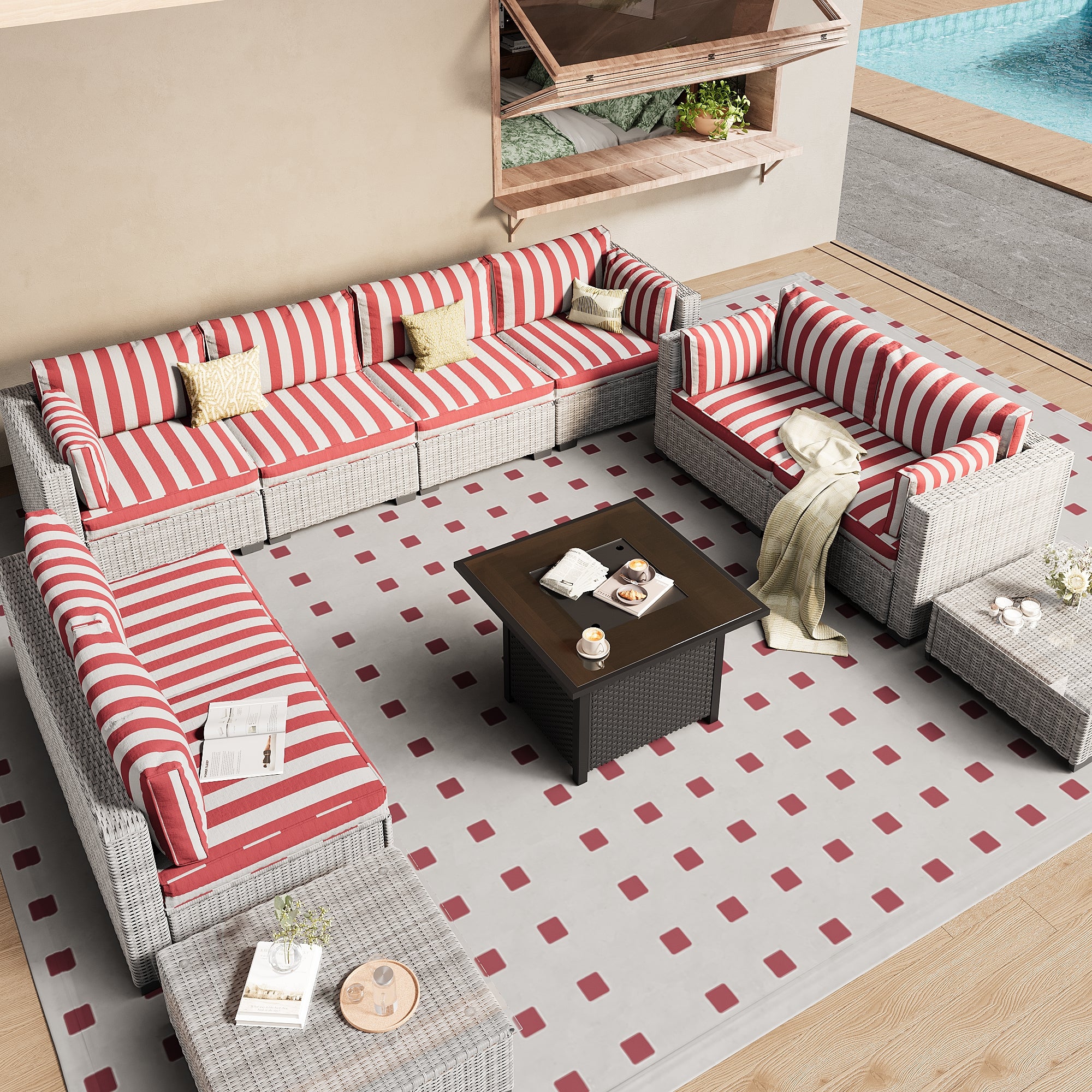Ark Design 10-Piece Rattan Wicker Outdoor Patio Conversation SofaSeating Set with Coffee Table and fire pit, Stripe Red Cushions with Sofa Protection Cover Option