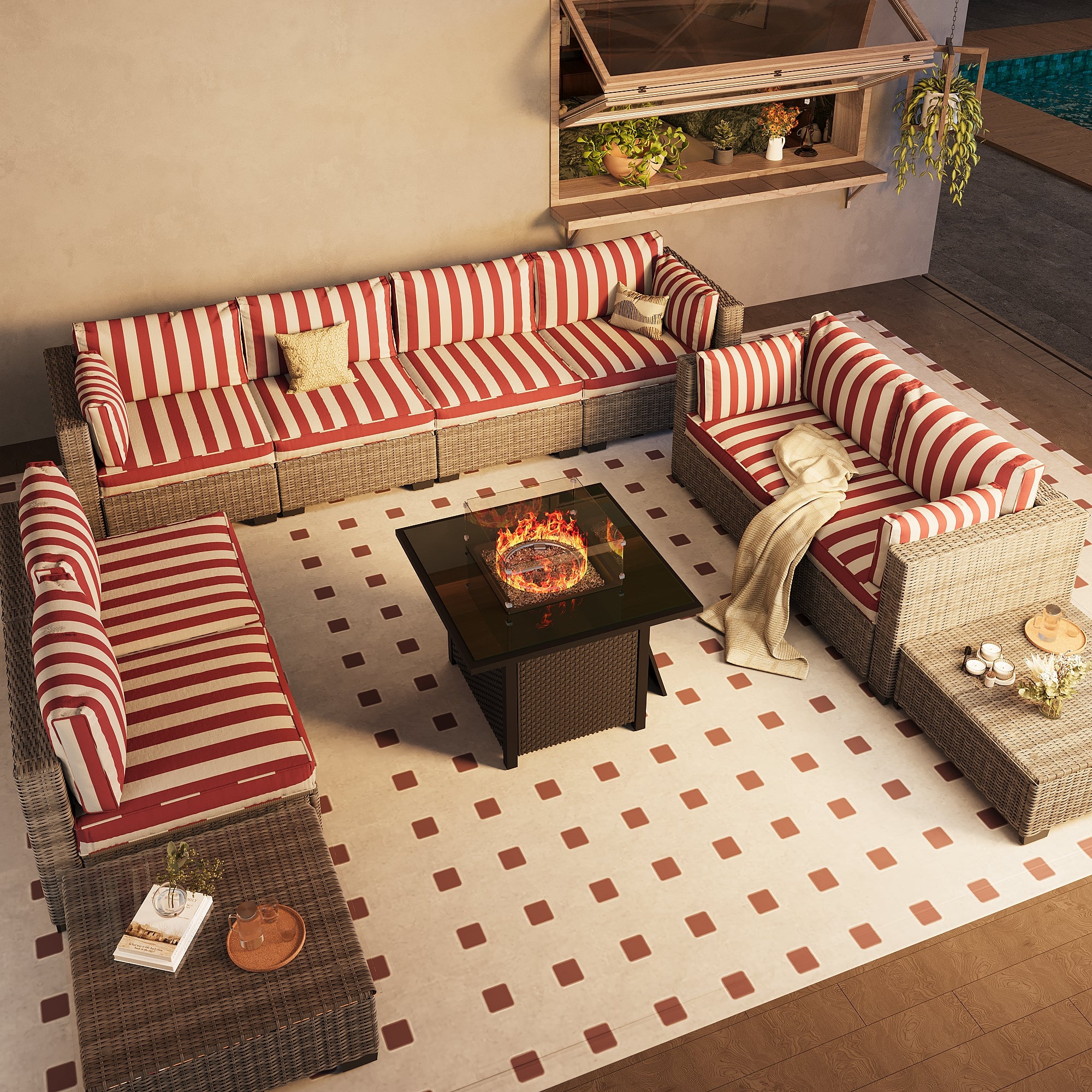 Ark Design 10-Piece Rattan Wicker Outdoor Patio Conversation SofaSeating Set with Coffee Table and fire pit, Stripe Red Cushions with Sofa Protection Cover Option