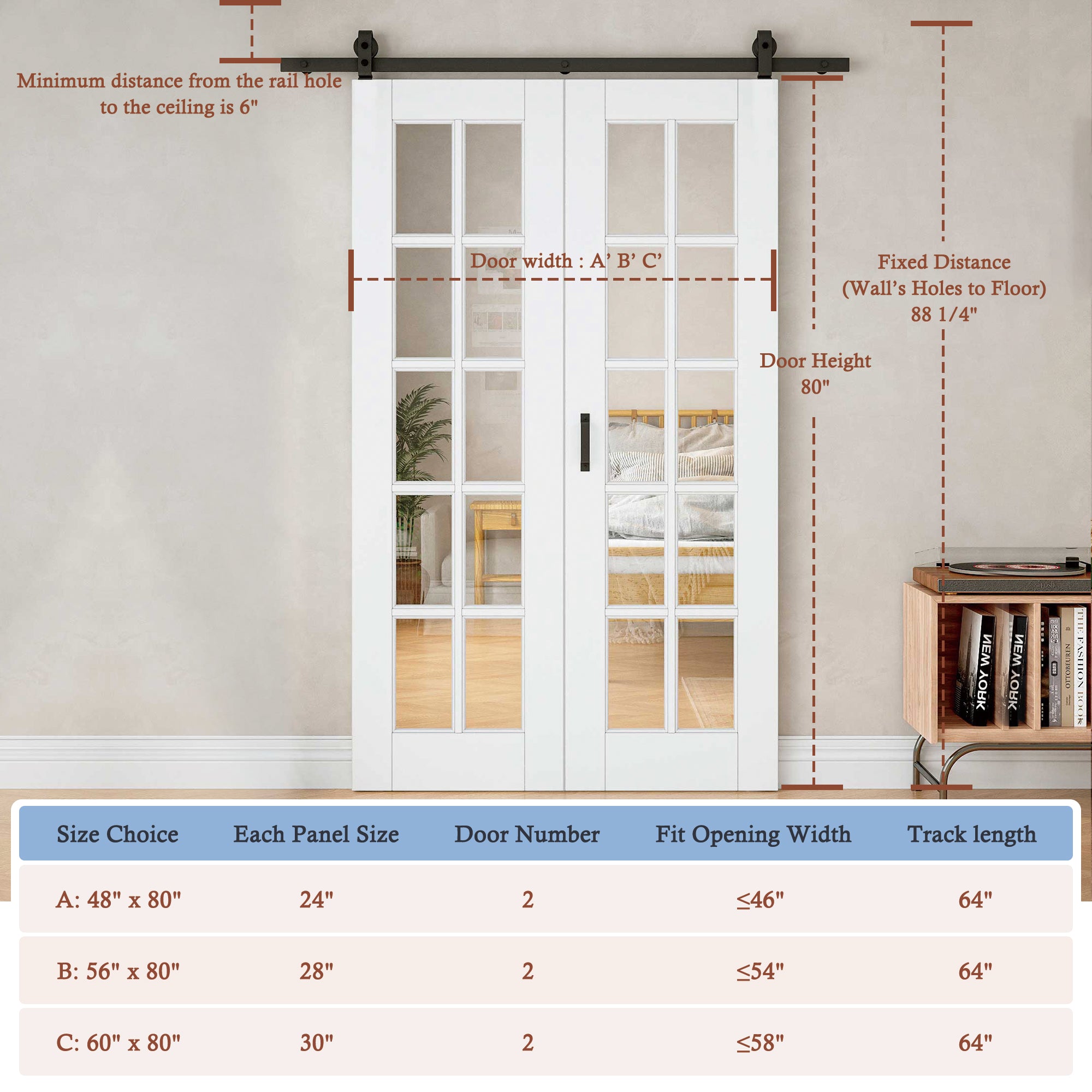 [Paintable] 10-Lite Tempered Clear Glass Bifold Sliding Barn Door, Prefinished & Paintable Surface with Hardware Kit