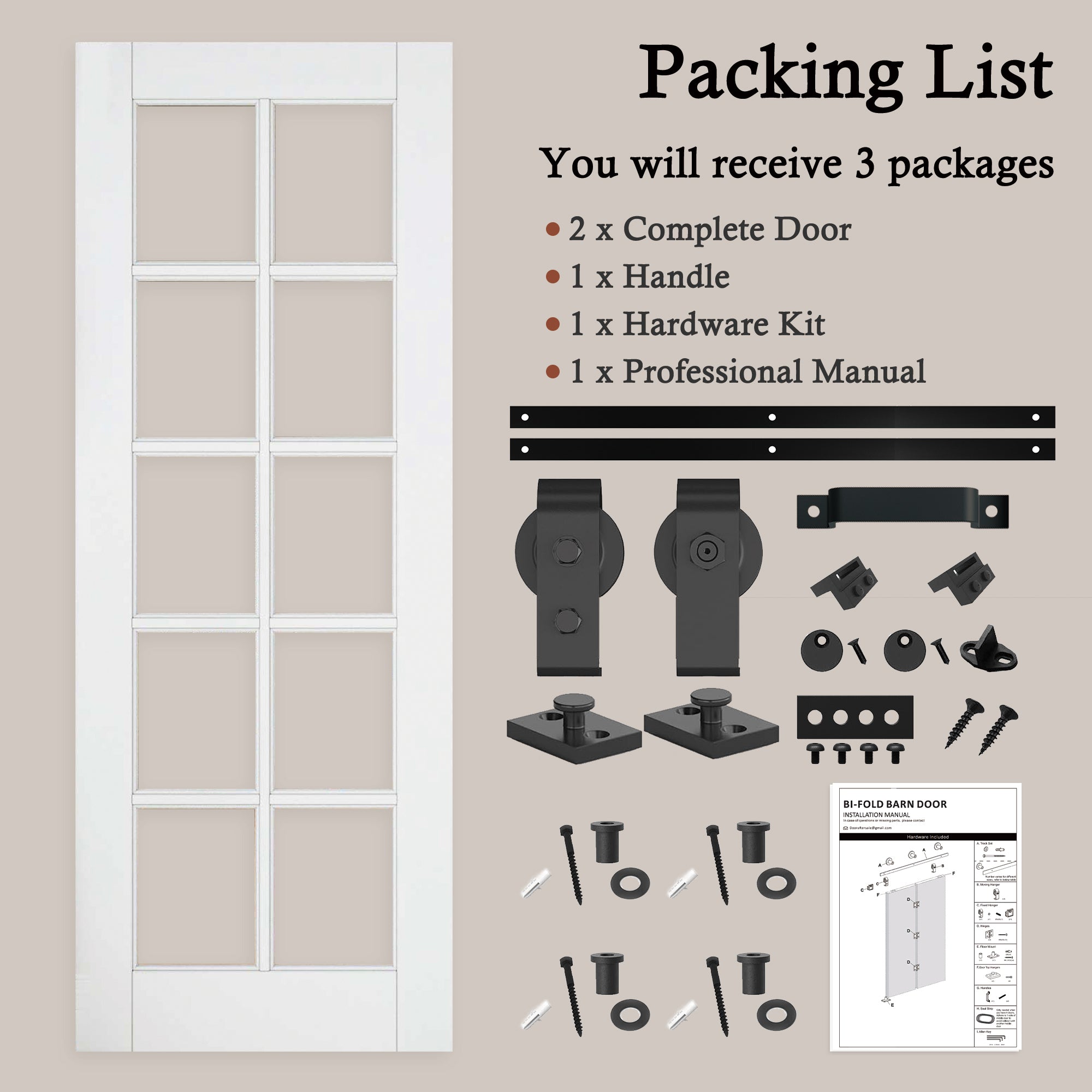[Paintable] 10-Lite Tempered Clear Glass Bifold Sliding Barn Door, Prefinished & Paintable Surface with Hardware Kit
