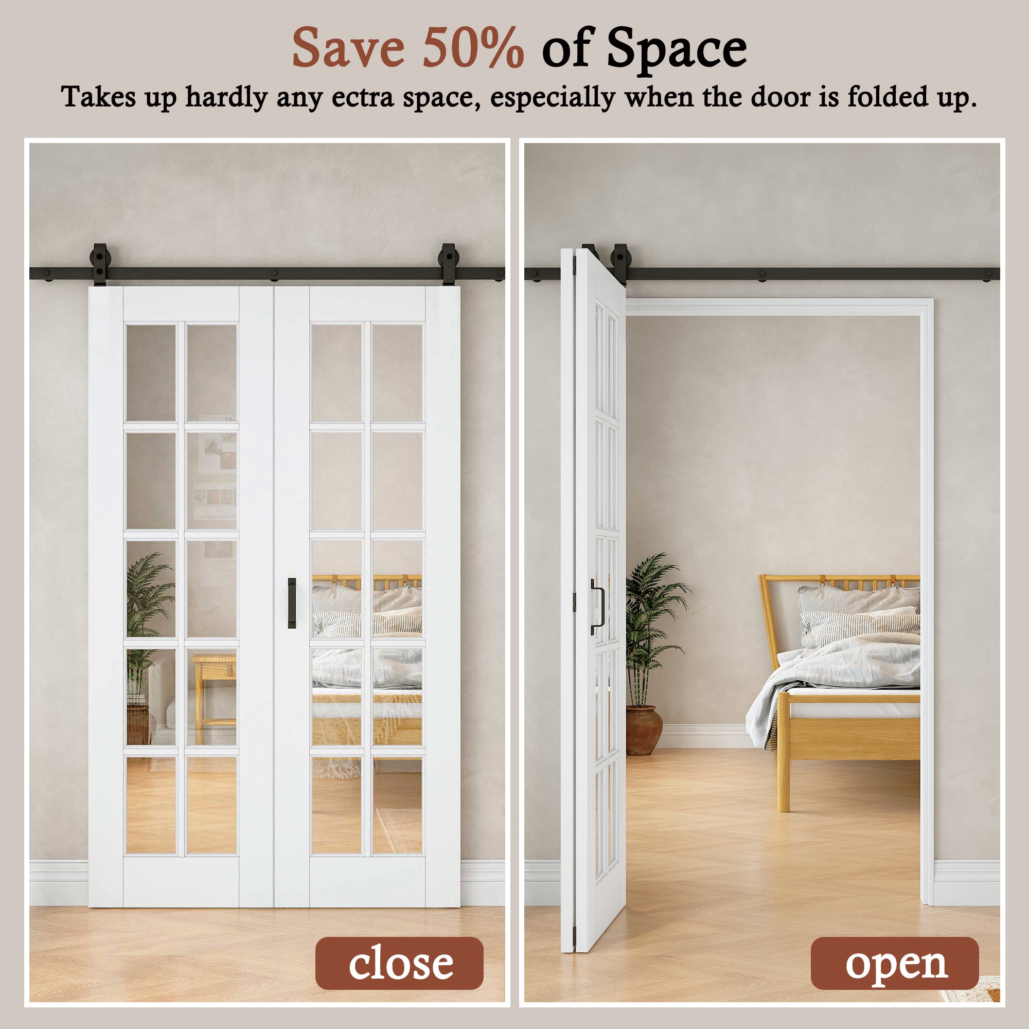 [Paintable] 10-Lite Tempered Clear Glass Bifold Sliding Barn Door, Prefinished & Paintable Surface with Hardware Kit