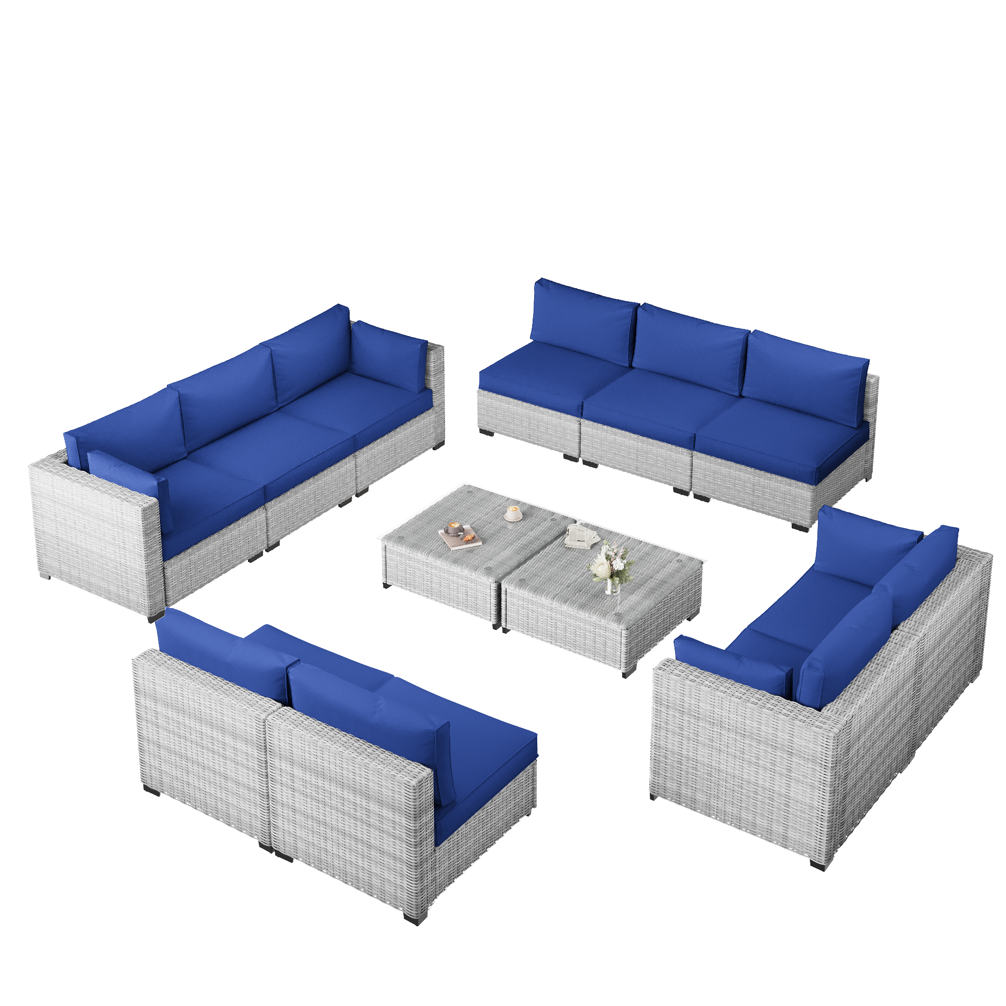 Ark Design 12-Piece Gray Wicker Outdoor Patio Conversation Sectional Seating Set with Coffee Tables, Navy Blue Cushions with Sofa Protection Cover Option