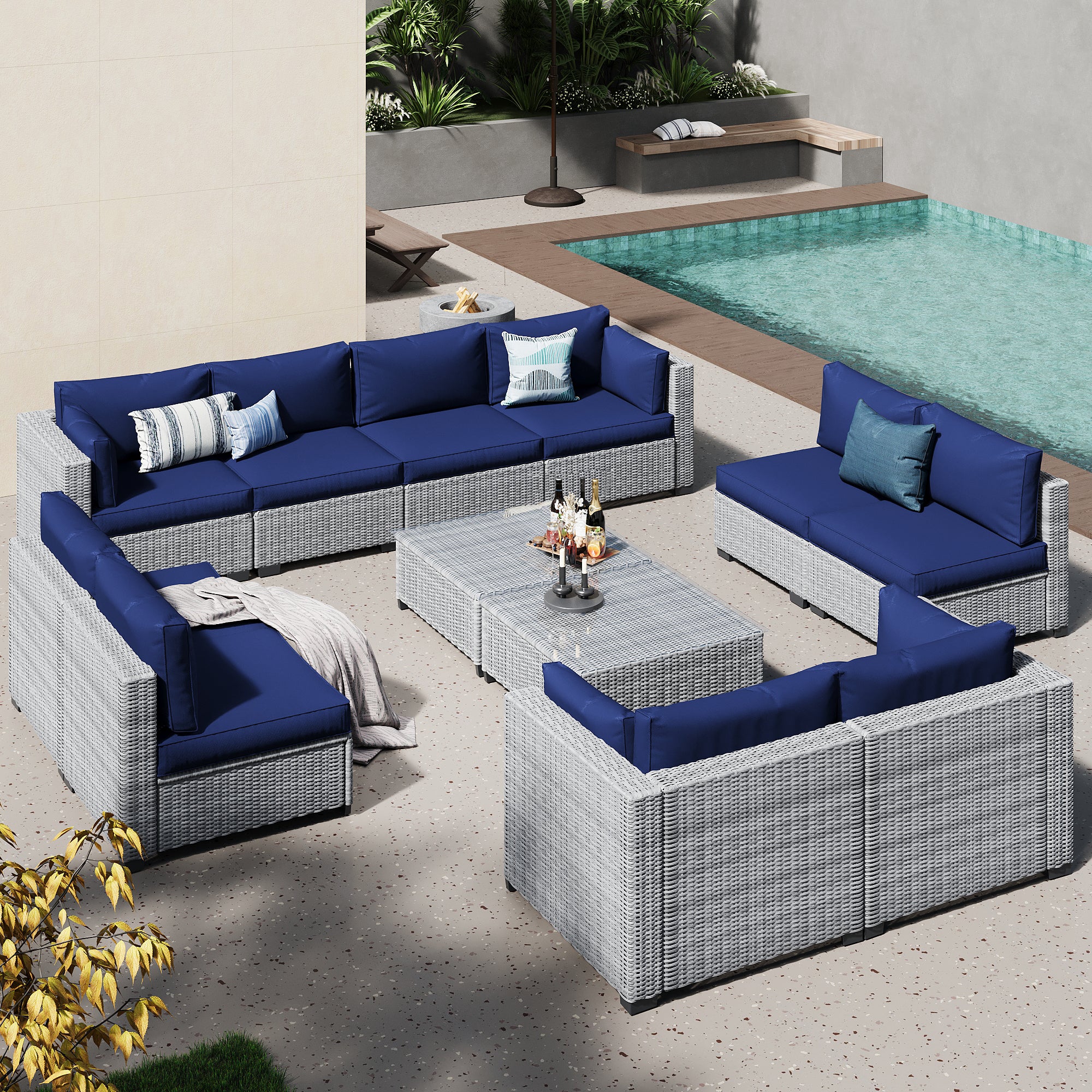 Ark Design 12-Piece Gray Wicker Outdoor Patio Conversation Sectional Seating Set with Coffee Tables, Navy Blue Cushions with Sofa Protection Cover Option