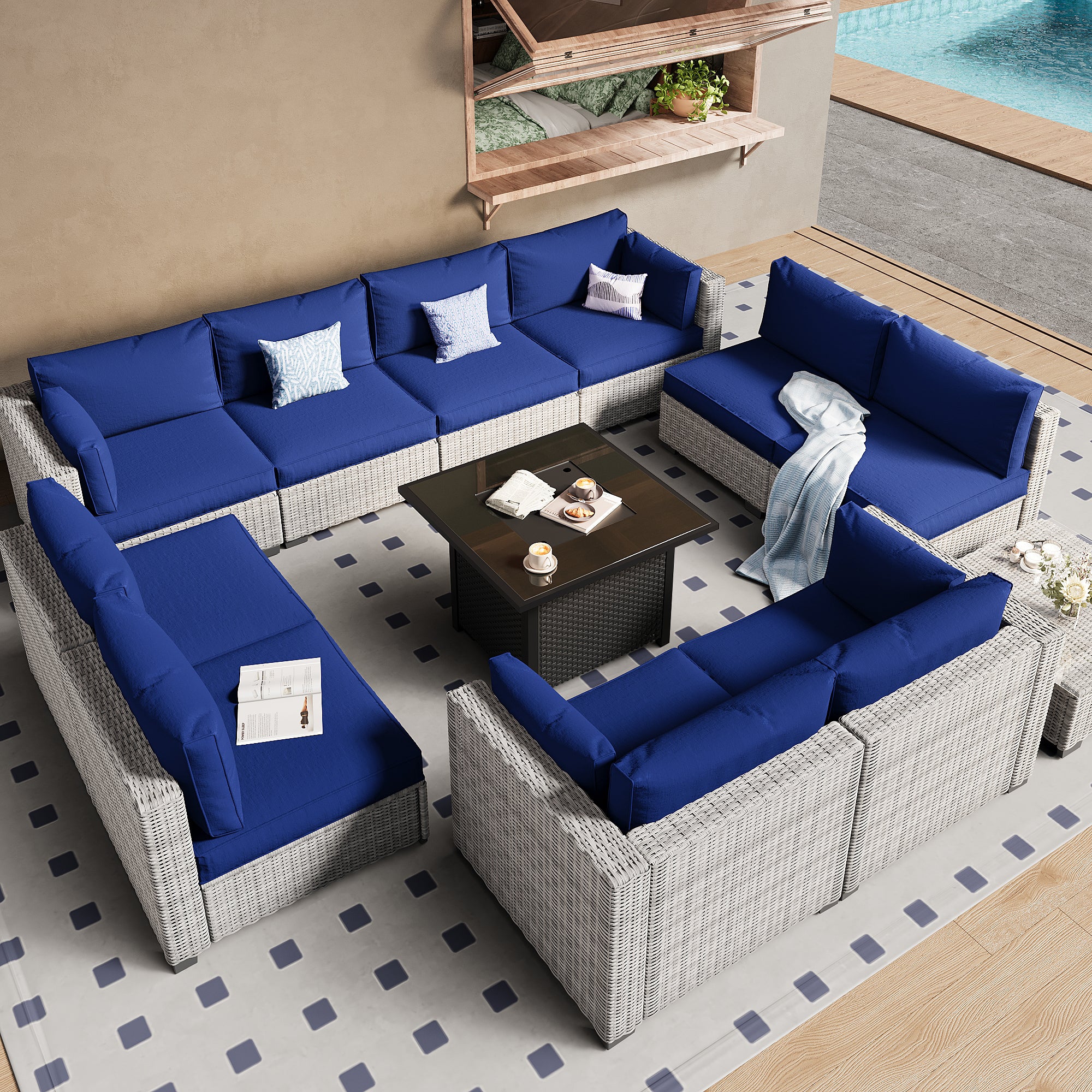 Ark Design 12-Piece Gray Wicker Outdoor Patio Conversation Sectional Seating Set with Coffee Tables and fire pit, Navy Blue Cushions with Sofa Protection Cover Option