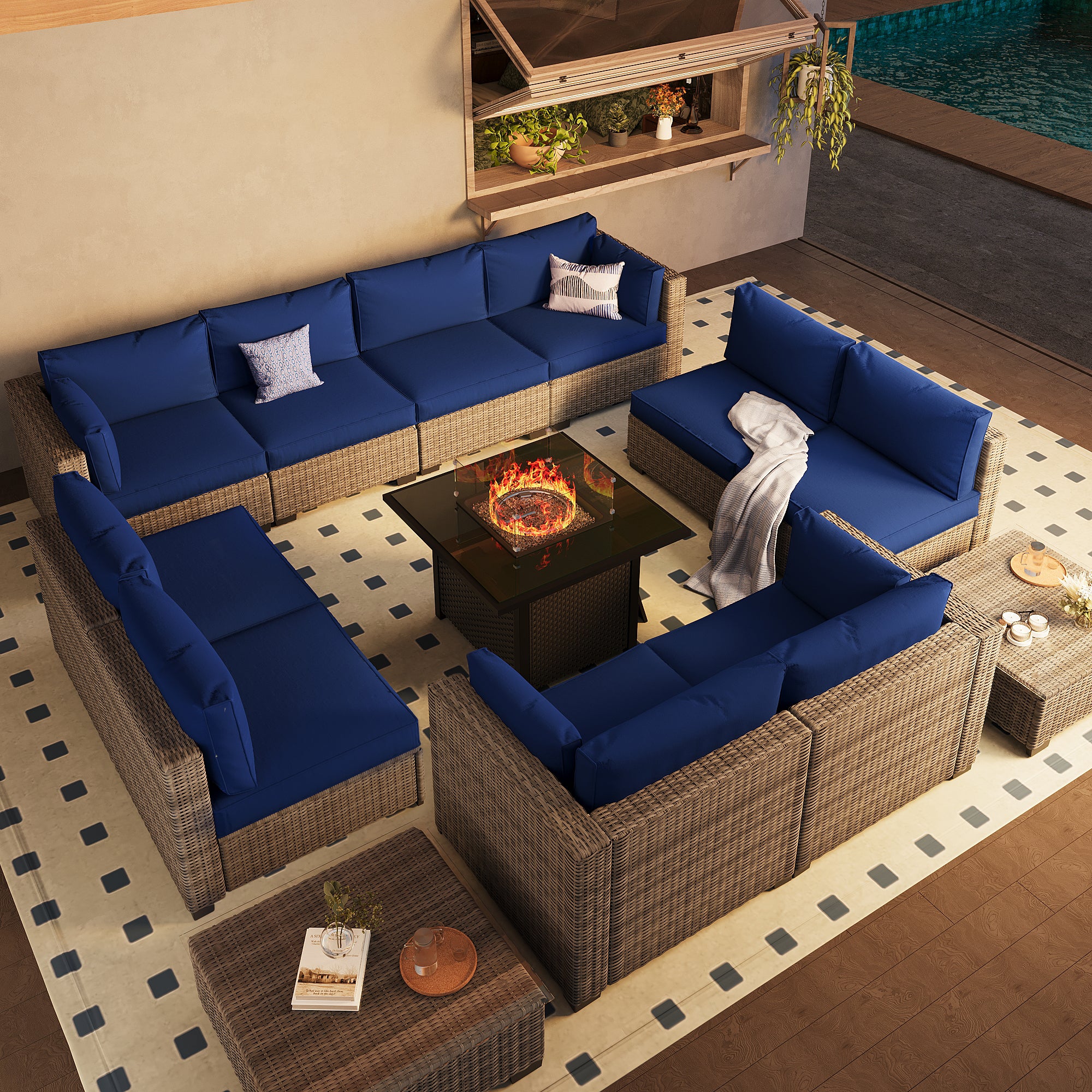 Ark Design 12-Piece Gray Wicker Outdoor Patio Conversation Sectional Seating Set with Coffee Tables and fire pit, Navy Blue Cushions with Sofa Protection Cover Option