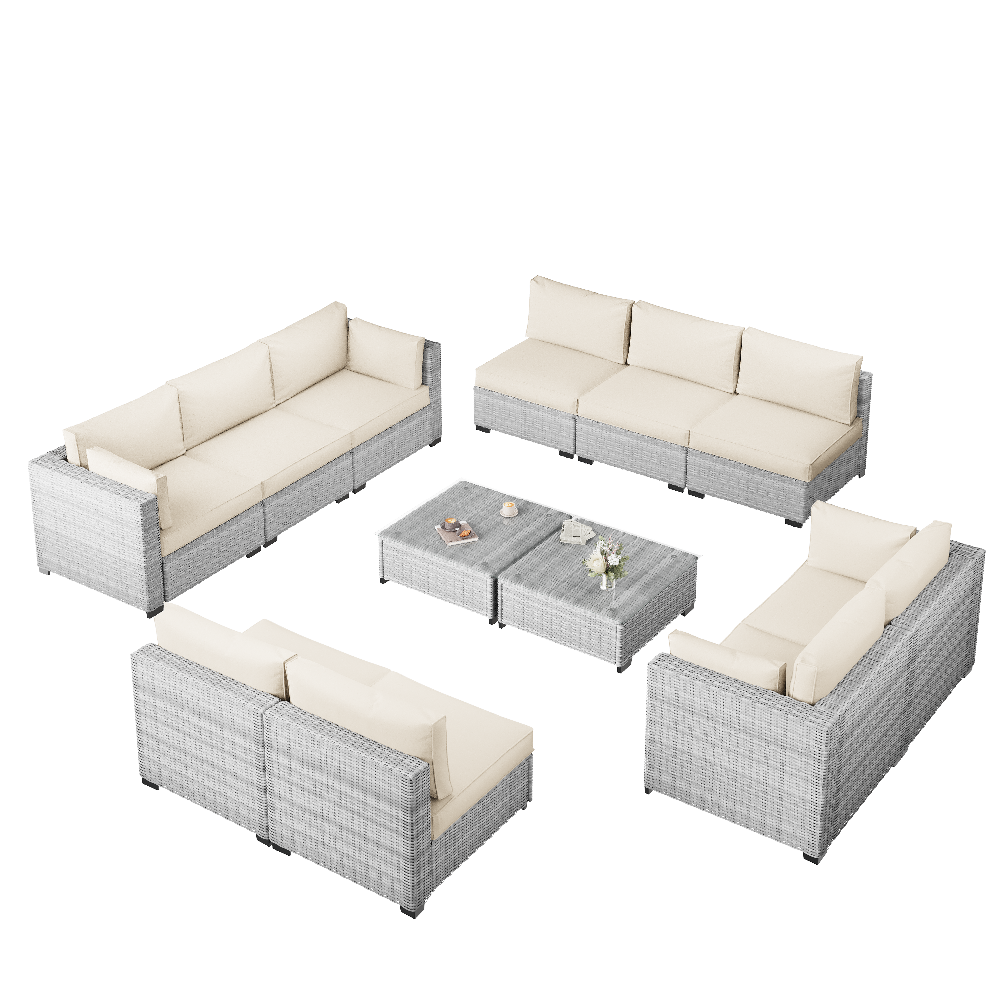 Ark Design 12-Piece Rattan Wicker Outdoor Patio Conversation SofaSeating Set with Coffee Table, Beige Cushions with Sofa Protection Cover Option