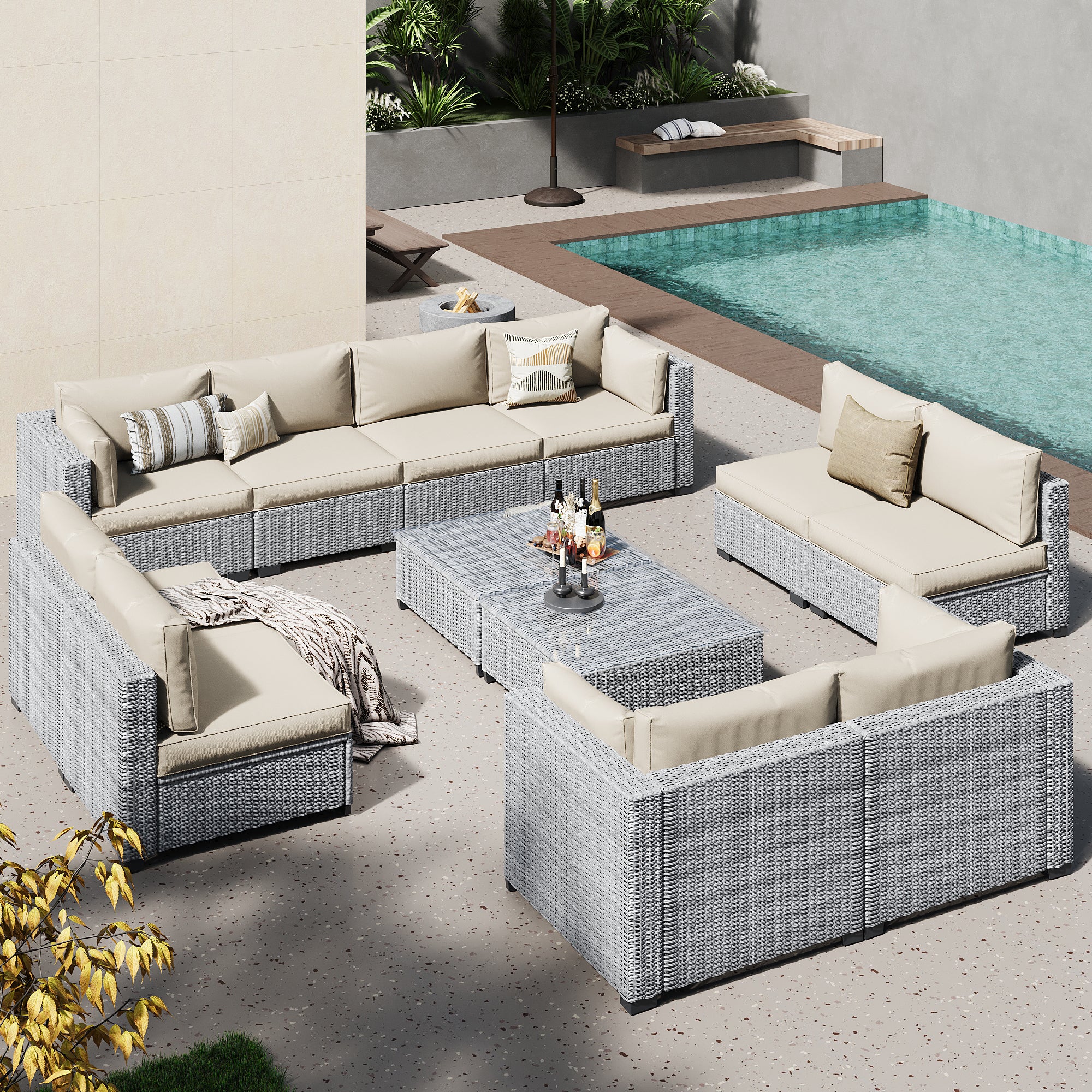 Ark Design 12-Piece Rattan Wicker Outdoor Patio Conversation SofaSeating Set with Coffee Table, Beige Cushions with Sofa Protection Cover Option