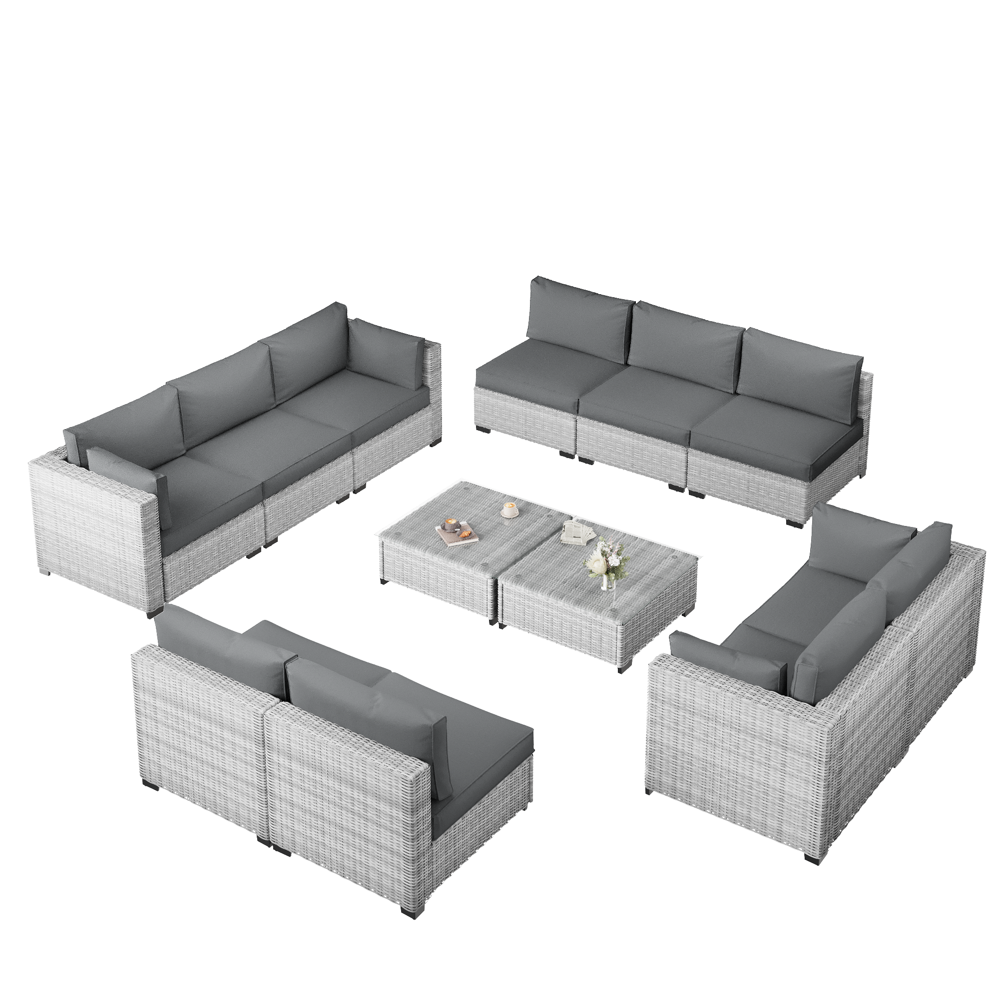 Ark Design 12-Piece Rattan Wicker Outdoor Patio Conversation SofaSeating Set with Coffee Table, Gray Cushions with Sofa Protection Cover Option