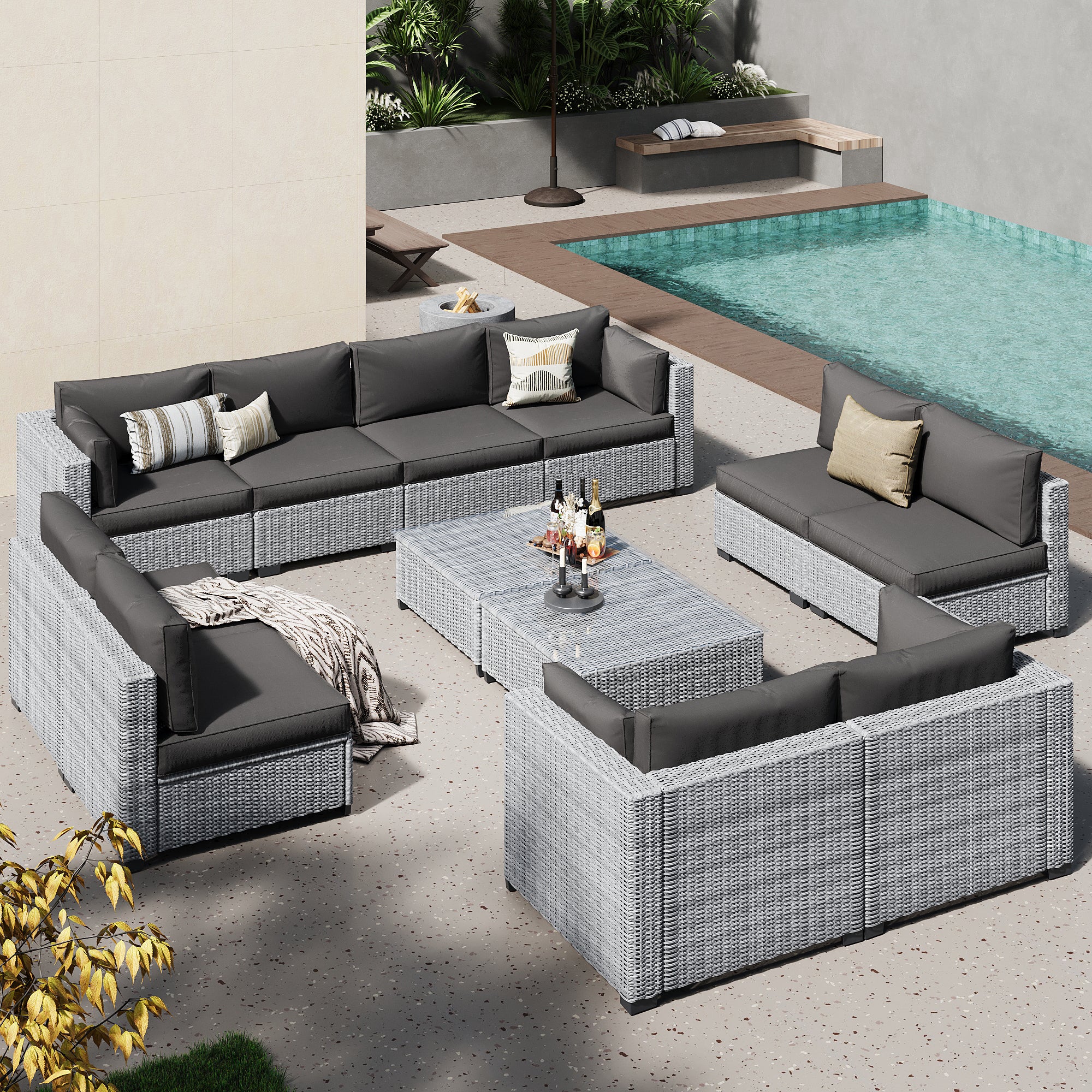 Ark Design 12-Piece Rattan Wicker Outdoor Patio Conversation SofaSeating Set with Coffee Table, Gray Cushions with Sofa Protection Cover Option