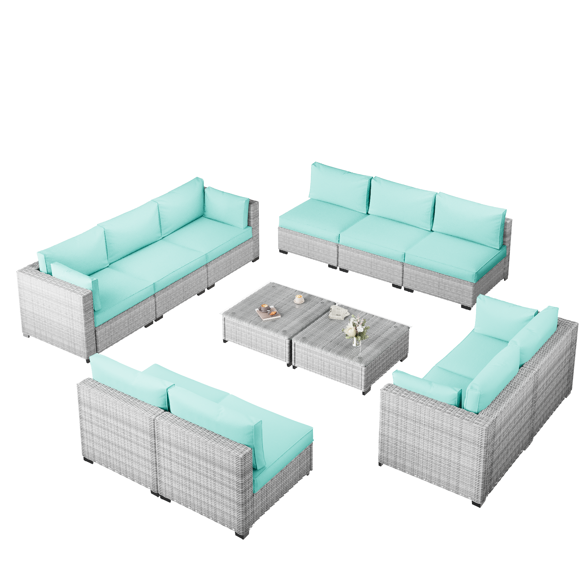 Ark Design 12-Piece Rattan Wicker Outdoor Patio Conversation SofaSeating Set with Coffee Table, Green Cushions with Sofa Protection Cover Option