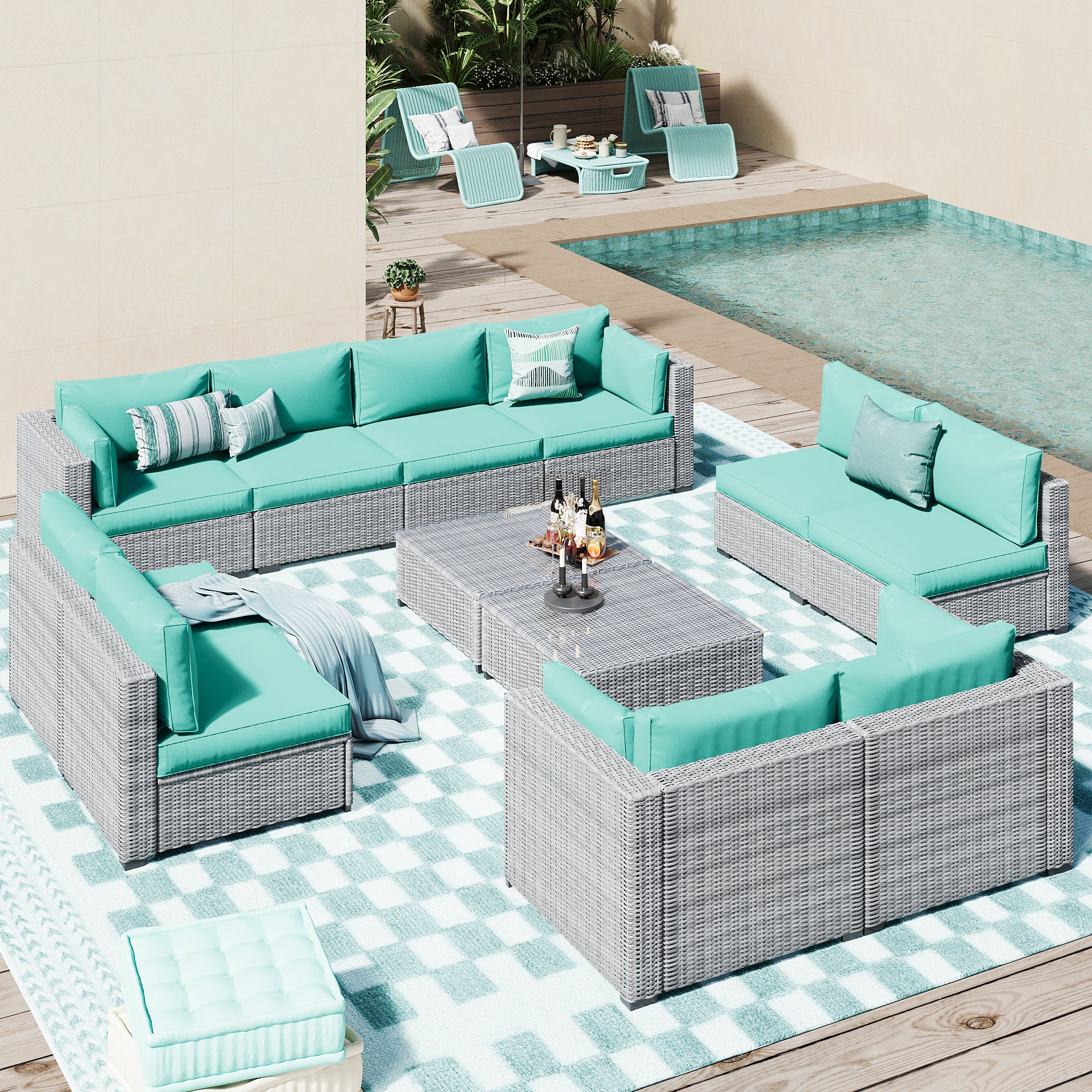 Ark Design 12-Piece Rattan Wicker Outdoor Patio Conversation SofaSeating Set with Coffee Table, Green Cushions with Sofa Protection Cover Option
