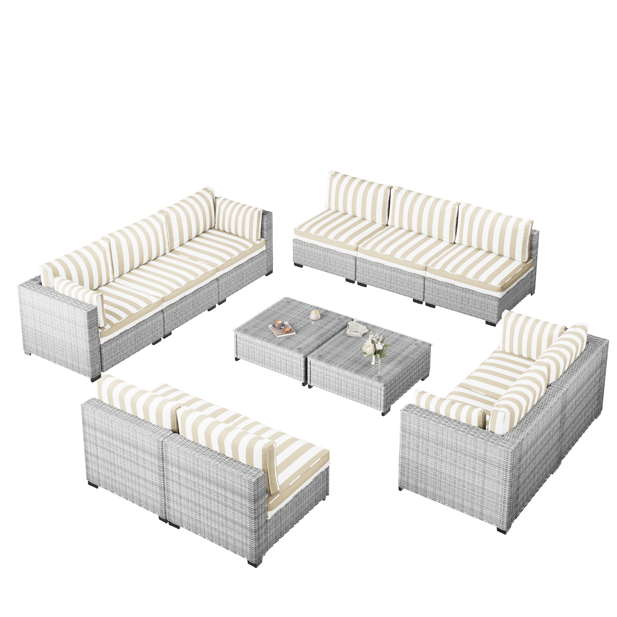 Ark Design 12-Piece Rattan Wicker Outdoor Patio Conversation SofaSeating Set with Coffee Table, Stripe Brown Cushions with Sofa Protection Cover Option