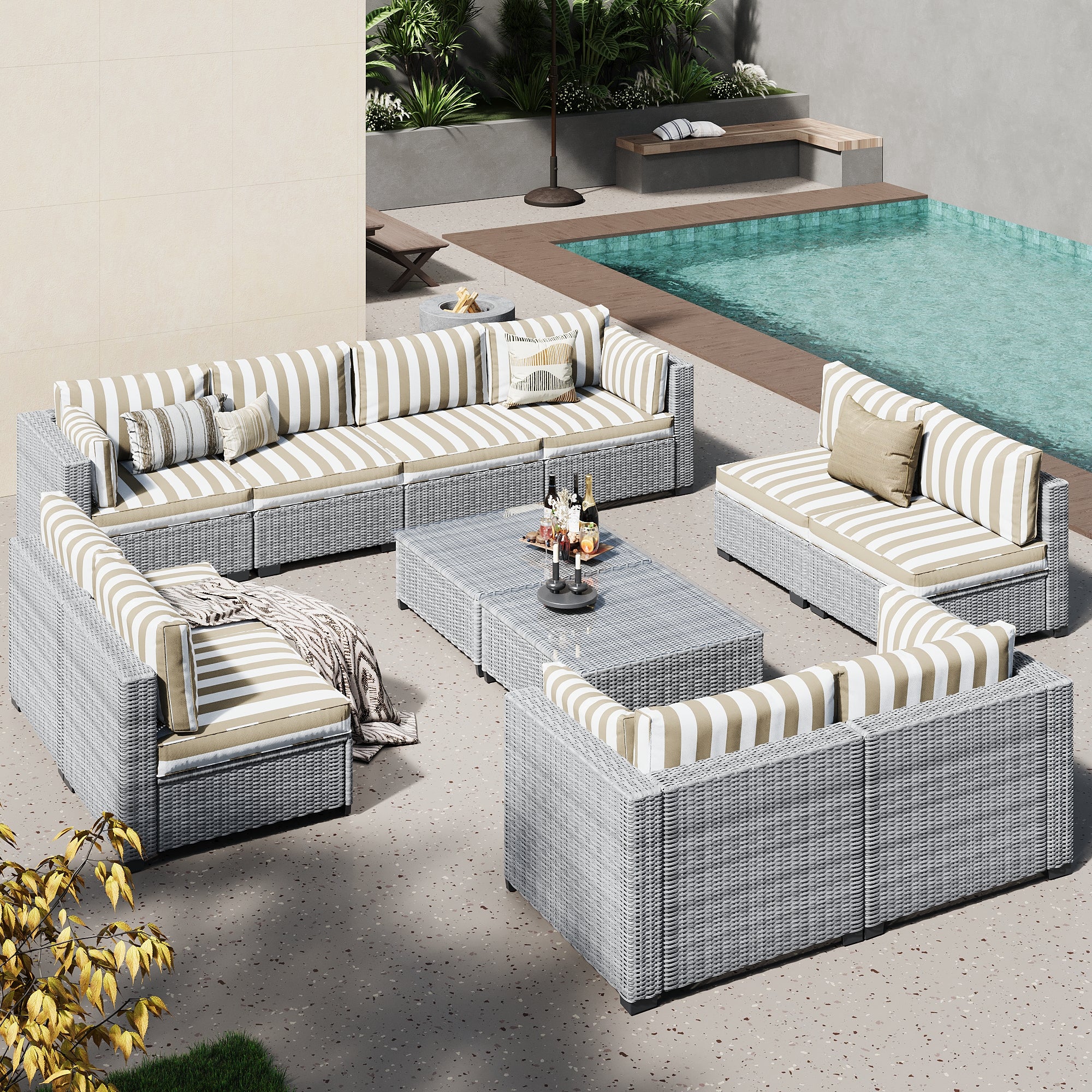 Ark Design 12-Piece Rattan Wicker Outdoor Patio Conversation SofaSeating Set with Coffee Table, Stripe Brown Cushions with Sofa Protection Cover Option