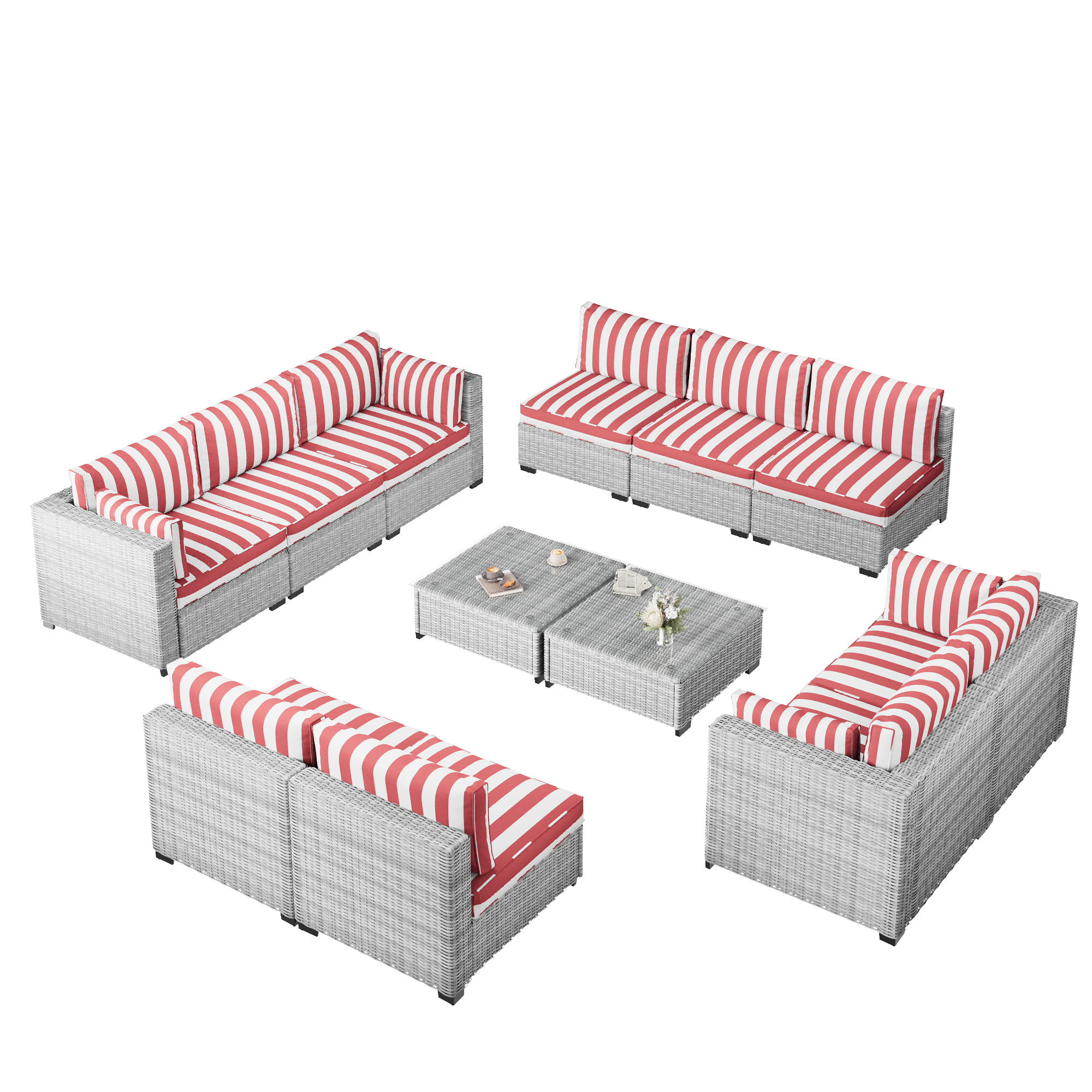 Ark Design 12-Piece Rattan Wicker Outdoor Patio Conversation SofaSeating Set with Coffee Table, Stripe Red Cushions with Sofa Protection Cover Option