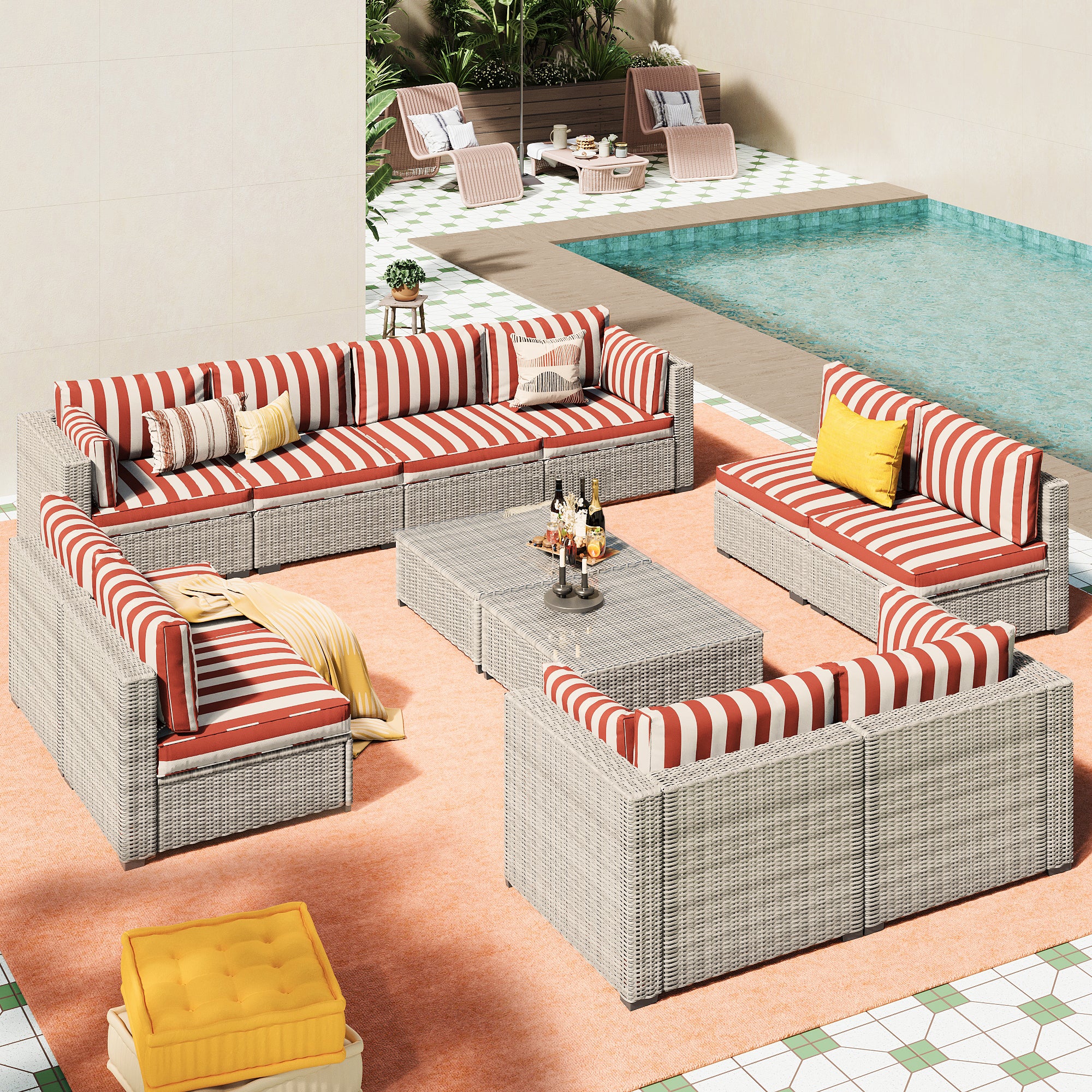 Ark Design 12-Piece Rattan Wicker Outdoor Patio Conversation SofaSeating Set with Coffee Table, Stripe Red Cushions with Sofa Protection Cover Option