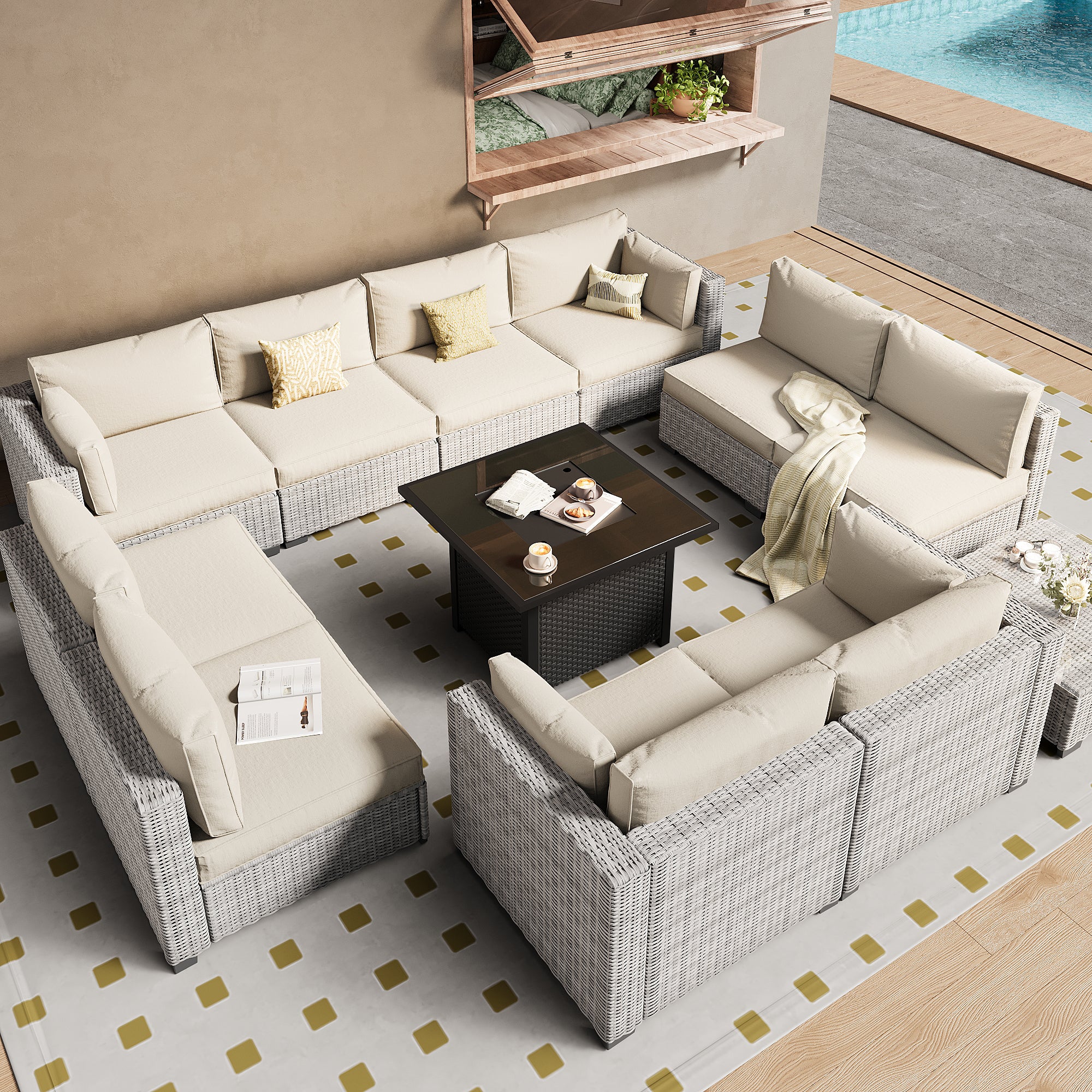 Ark Design 12-Piece Rattan Wicker Outdoor Patio Conversation SofaSeating Set with Coffee Table and fire pit, Beige Cushions with Sofa Protection Cover Option