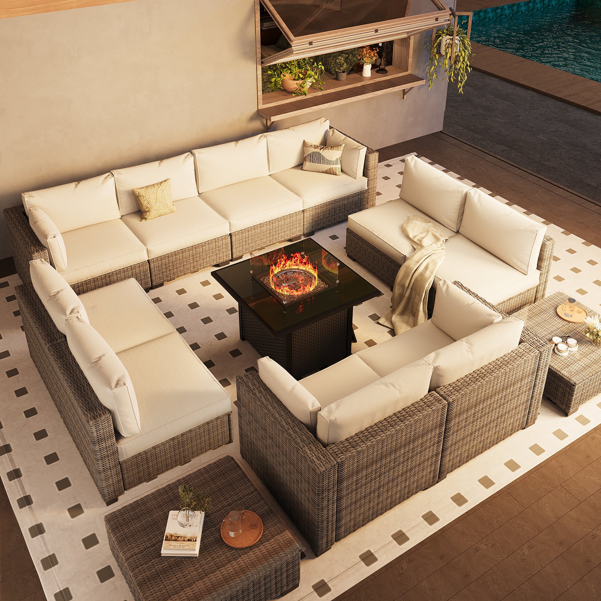 Ark Design 12-Piece Rattan Wicker Outdoor Patio Conversation SofaSeating Set with Coffee Table and fire pit, Beige Cushions with Sofa Protection Cover Option