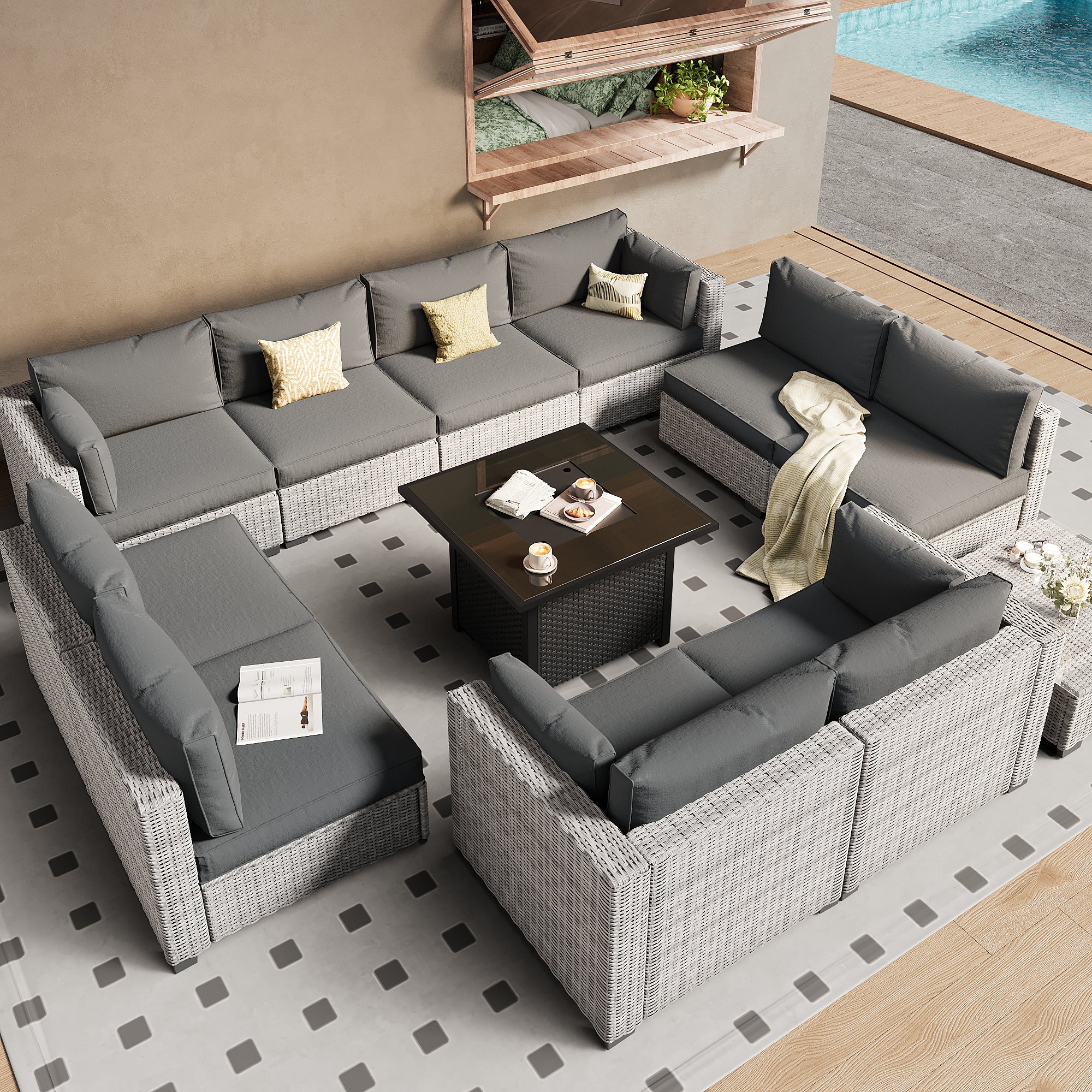 Ark Design 12-Piece Rattan Wicker Outdoor Patio Conversation SofaSeating Set with Coffee Table and fire pit, Gray Cushions with Sofa Protection Cover Option