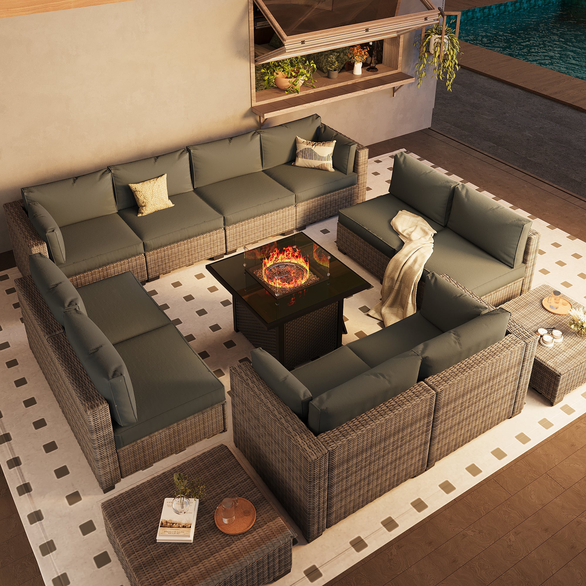 Ark Design 12-Piece Rattan Wicker Outdoor Patio Conversation SofaSeating Set with Coffee Table and fire pit, Gray Cushions with Sofa Protection Cover Option