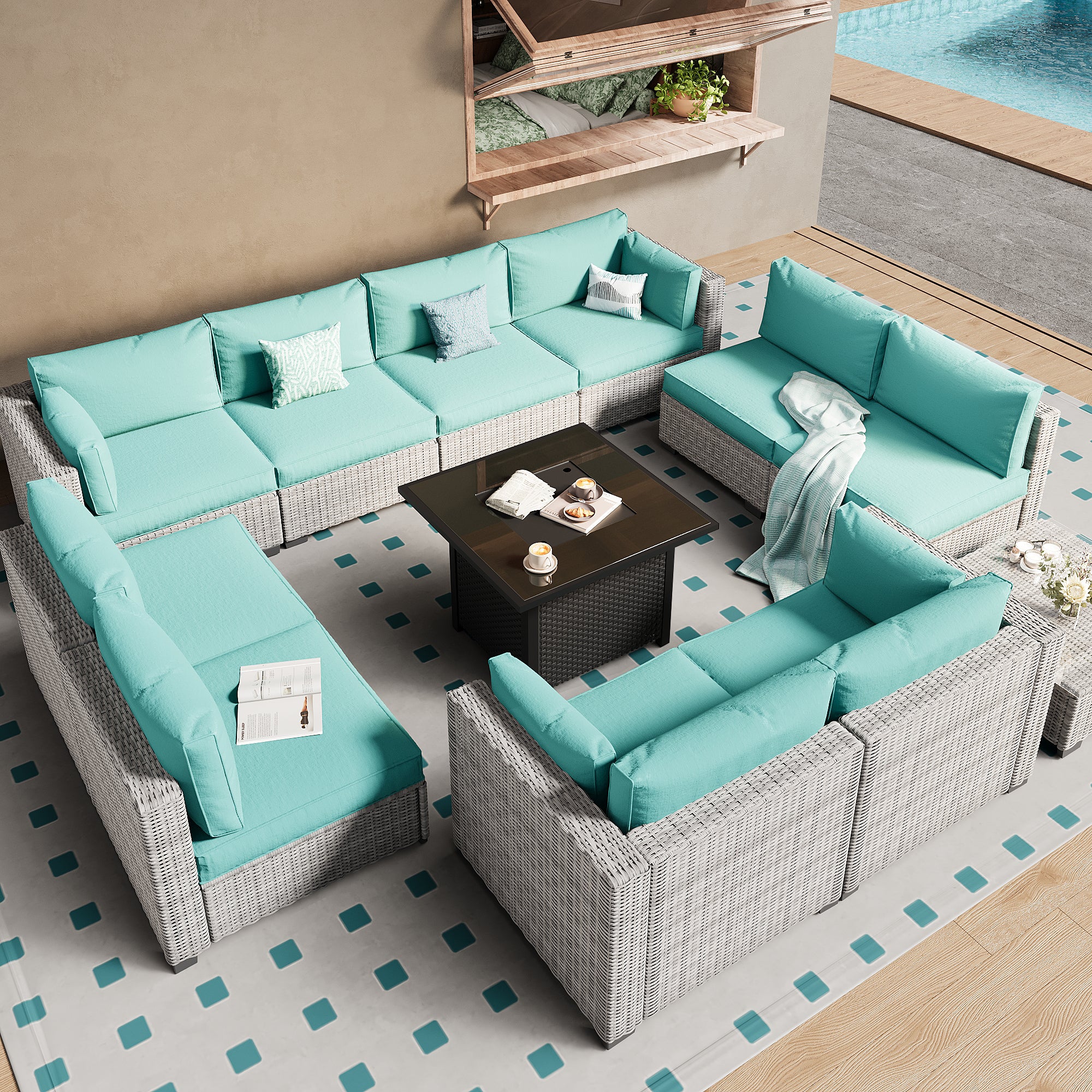 Ark Design 12-Piece Rattan Wicker Outdoor Patio Conversation SofaSeating Set with Coffee Table and fire pit, Green Cushions with Sofa Protection Cover Option