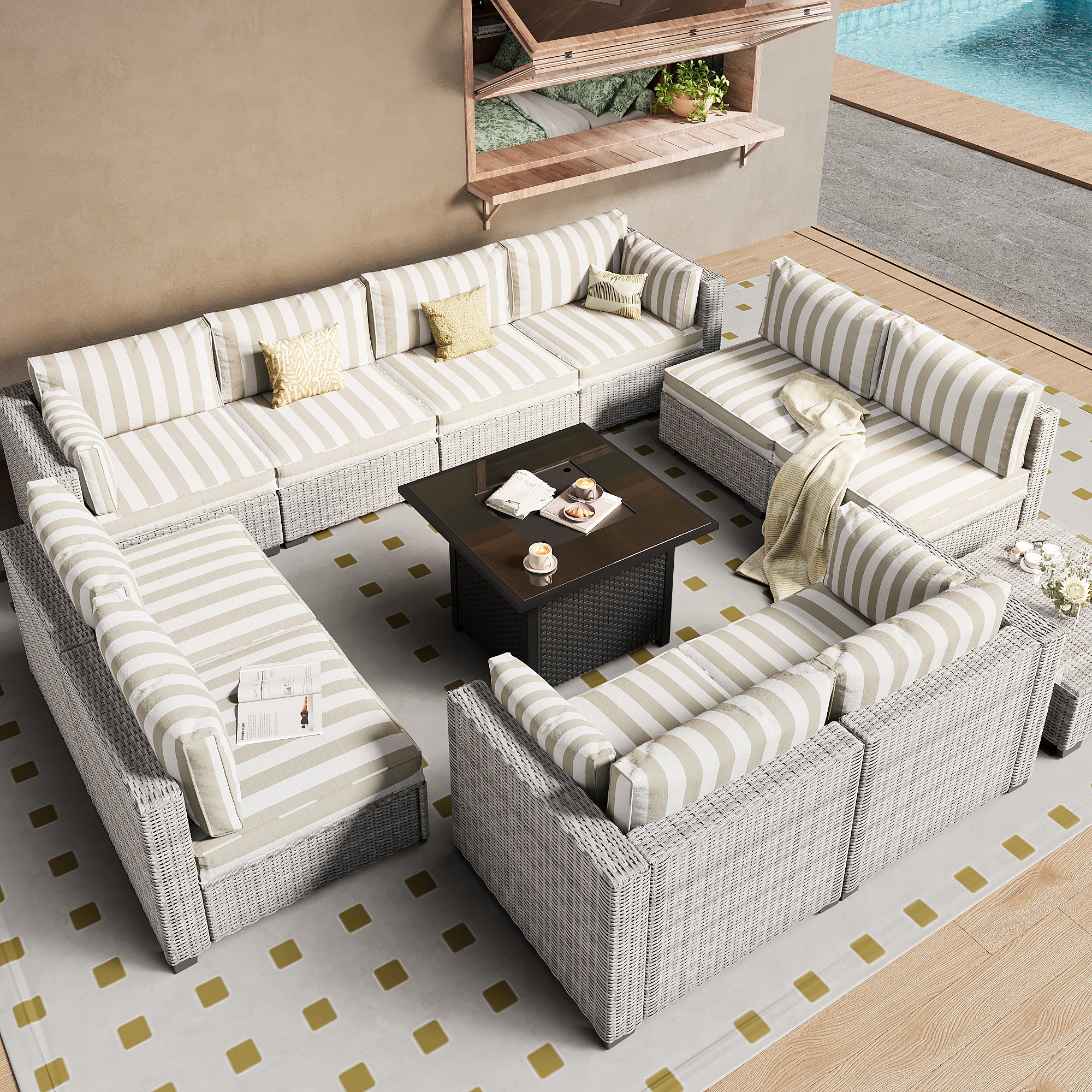 Ark Design 12-Piece Rattan Wicker Outdoor Patio Conversation SofaSeating Set with Coffee Table and fire pit, Stripe Brown Cushions with Sofa Protection Cover Option