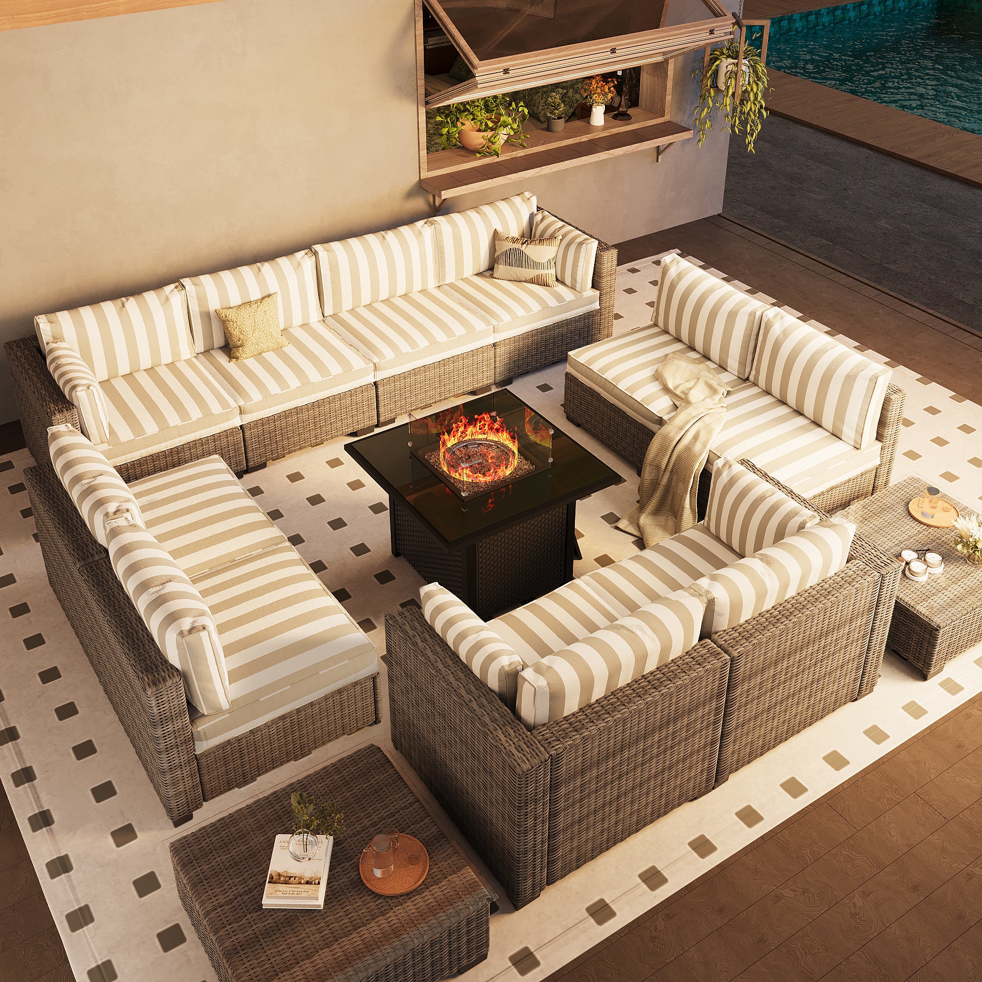Ark Design 12-Piece Rattan Wicker Outdoor Patio Conversation SofaSeating Set with Coffee Table and fire pit, Stripe Brown Cushions with Sofa Protection Cover Option
