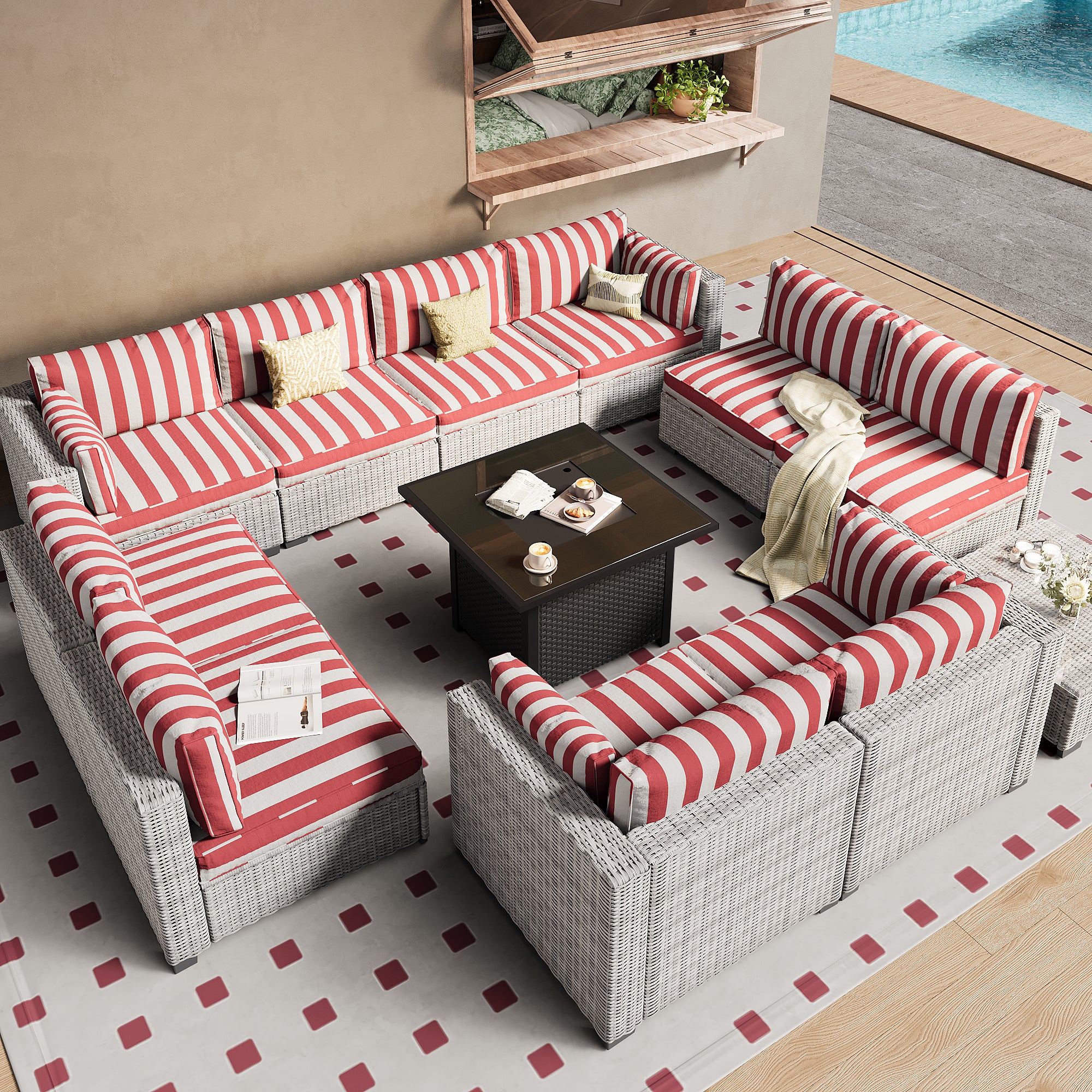 Ark Design 12-Piece Rattan Wicker Outdoor Patio Conversation SofaSeating Set with Coffee Table and fire pit, Stripe Red Cushions with Sofa Protection Cover Option
