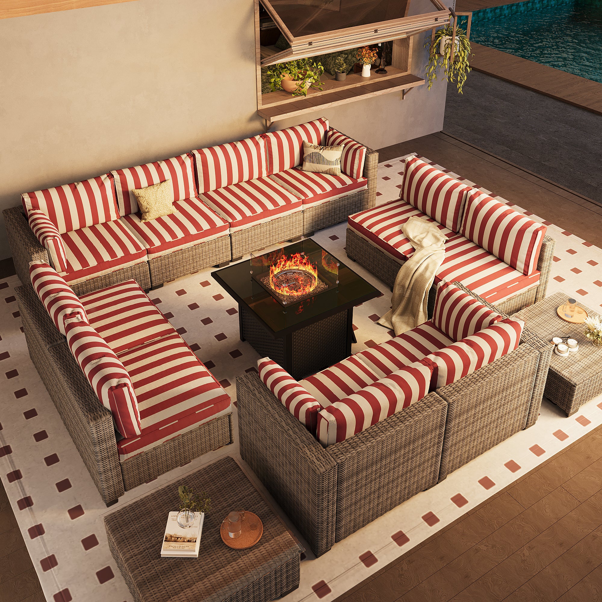 Ark Design 12-Piece Rattan Wicker Outdoor Patio Conversation SofaSeating Set with Coffee Table and fire pit, Stripe Red Cushions with Sofa Protection Cover Option