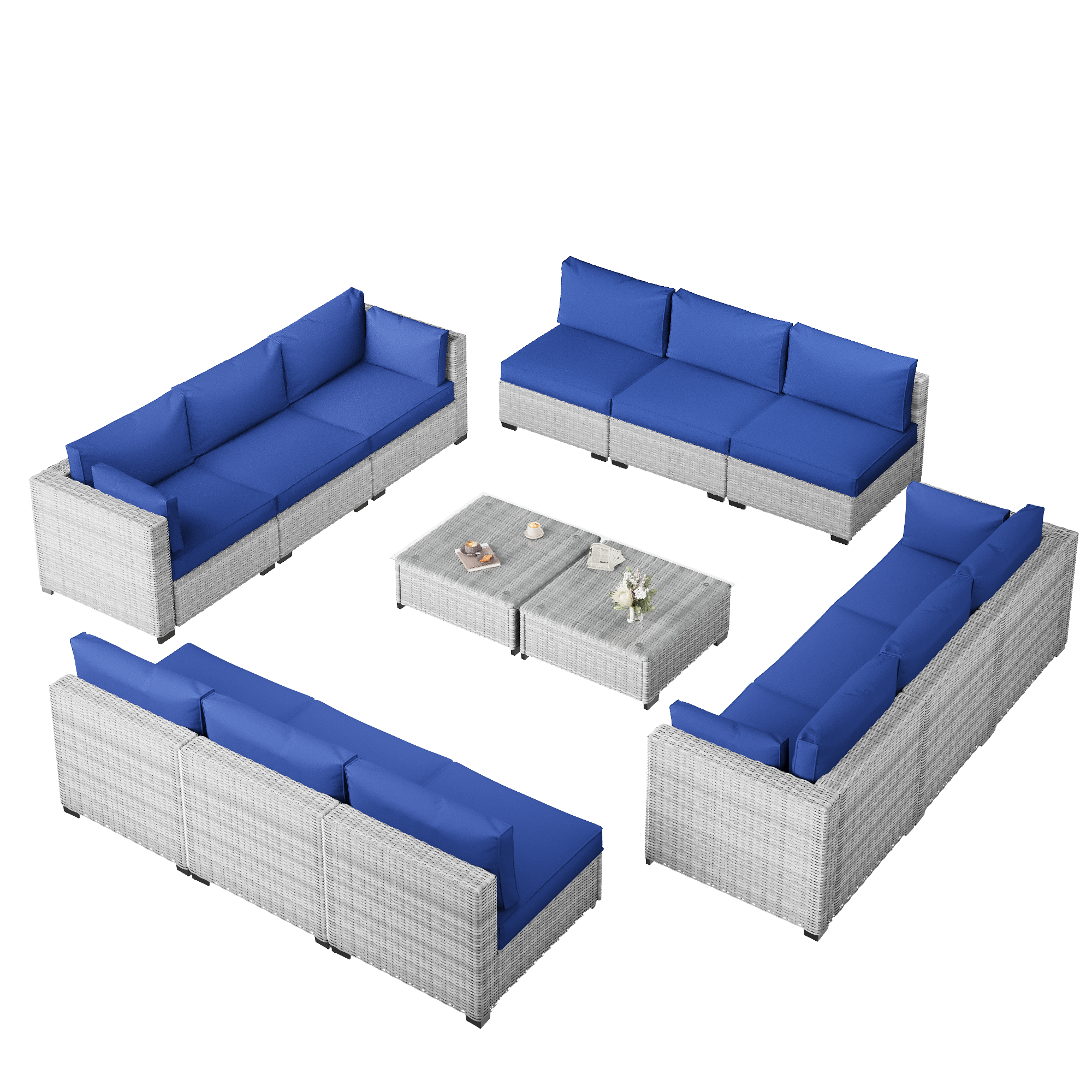 Ark Design 14-Piece Gray Wicker Outdoor Patio Conversation Sectional Seating Set with Coffee Tables, Navy Blue Cushions with Sofa Protection Cover Option