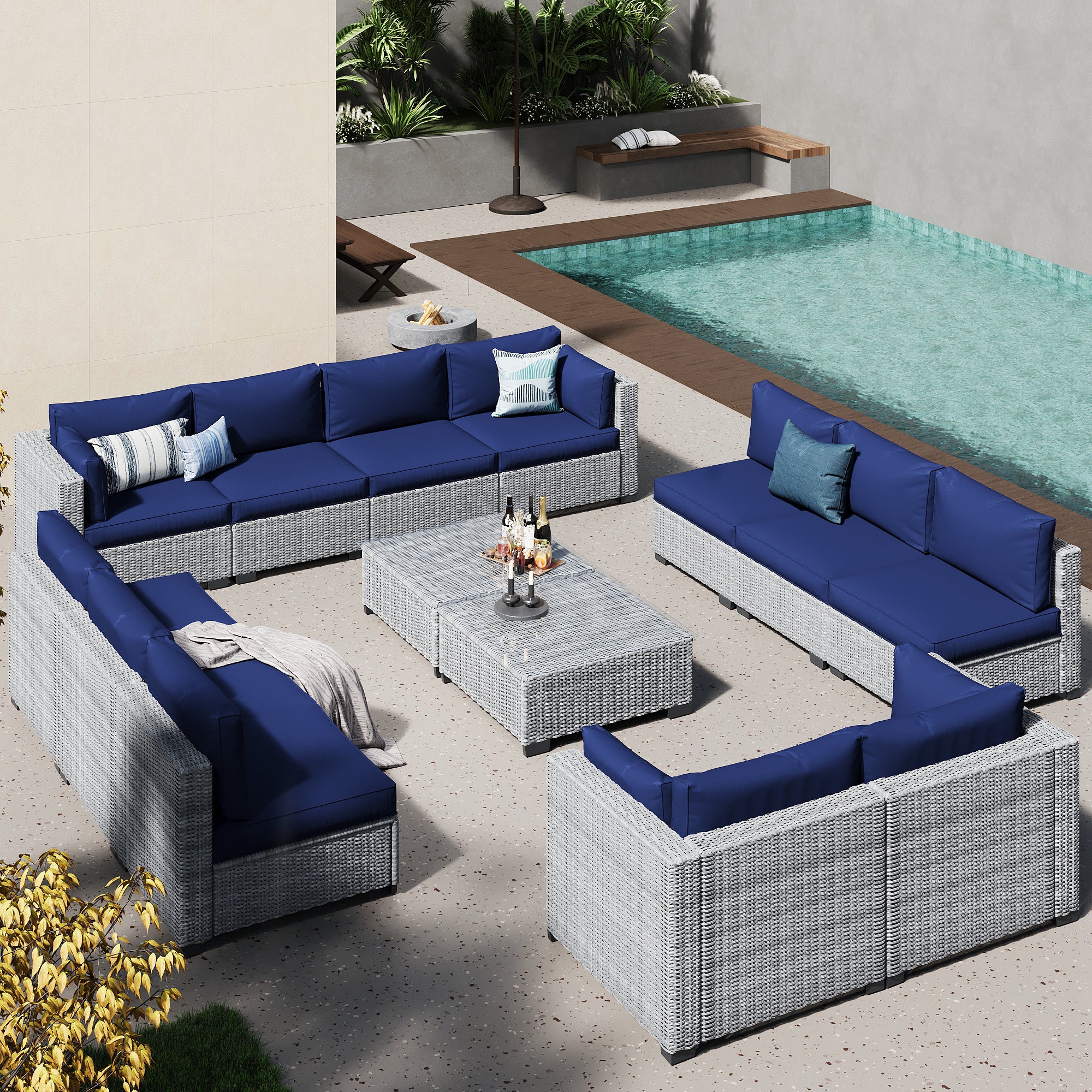 Ark Design 14-Piece Gray Wicker Outdoor Patio Conversation Sectional Seating Set with Coffee Tables, Navy Blue Cushions with Sofa Protection Cover Option
