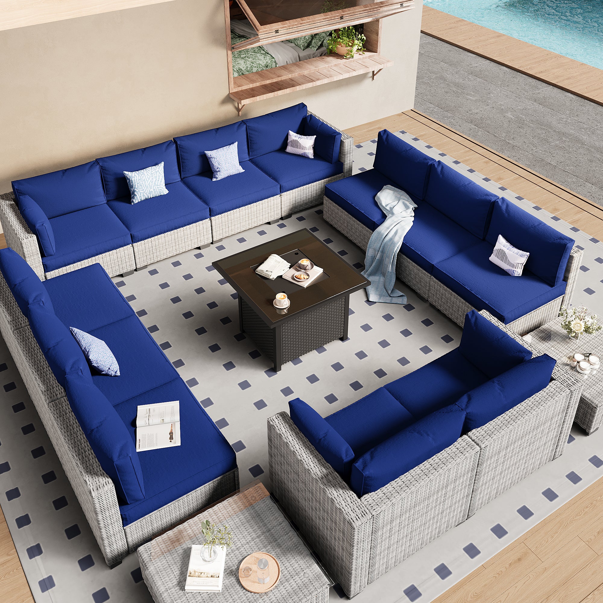 Ark Design 14-Piece Gray Wicker Outdoor Patio Conversation Sectional Seating Set with Coffee Tables and fire pit, Navy Blue Cushions with Sofa Protection Cover Option