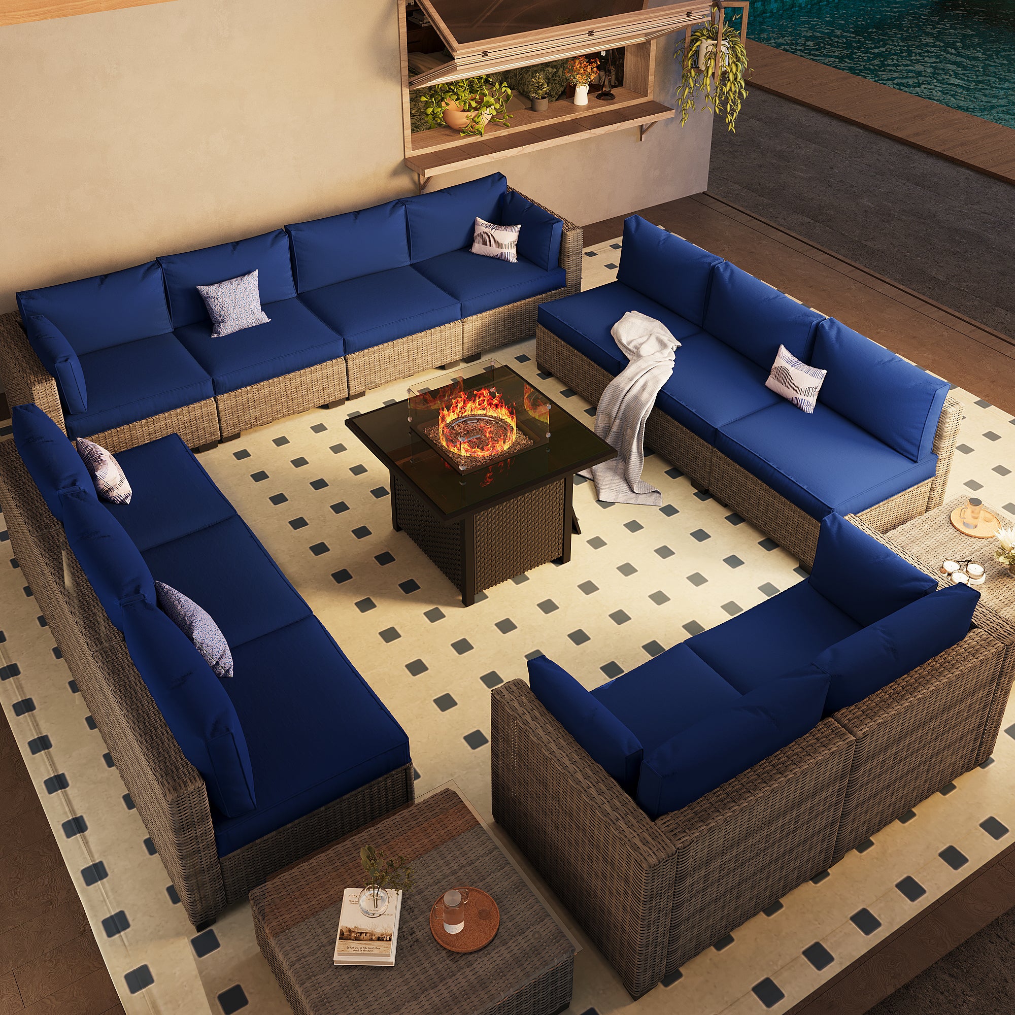 Ark Design 14-Piece Gray Wicker Outdoor Patio Conversation Sectional Seating Set with Coffee Tables and fire pit, Navy Blue Cushions with Sofa Protection Cover Option