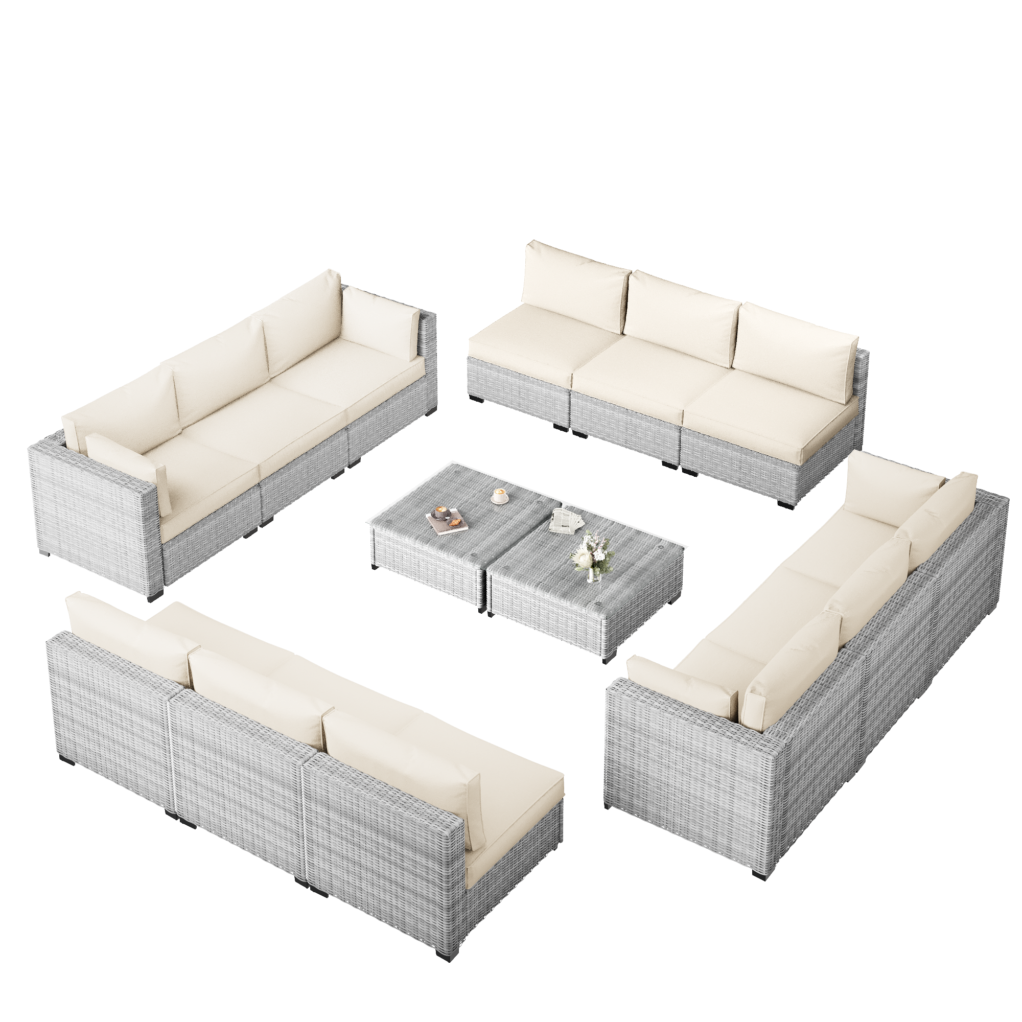 Ark Design 14-Piece Rattan Wicker Outdoor Patio Conversation SofaSeating Set with Coffee Table, Beige Cushions with Sofa Protection Cover Option