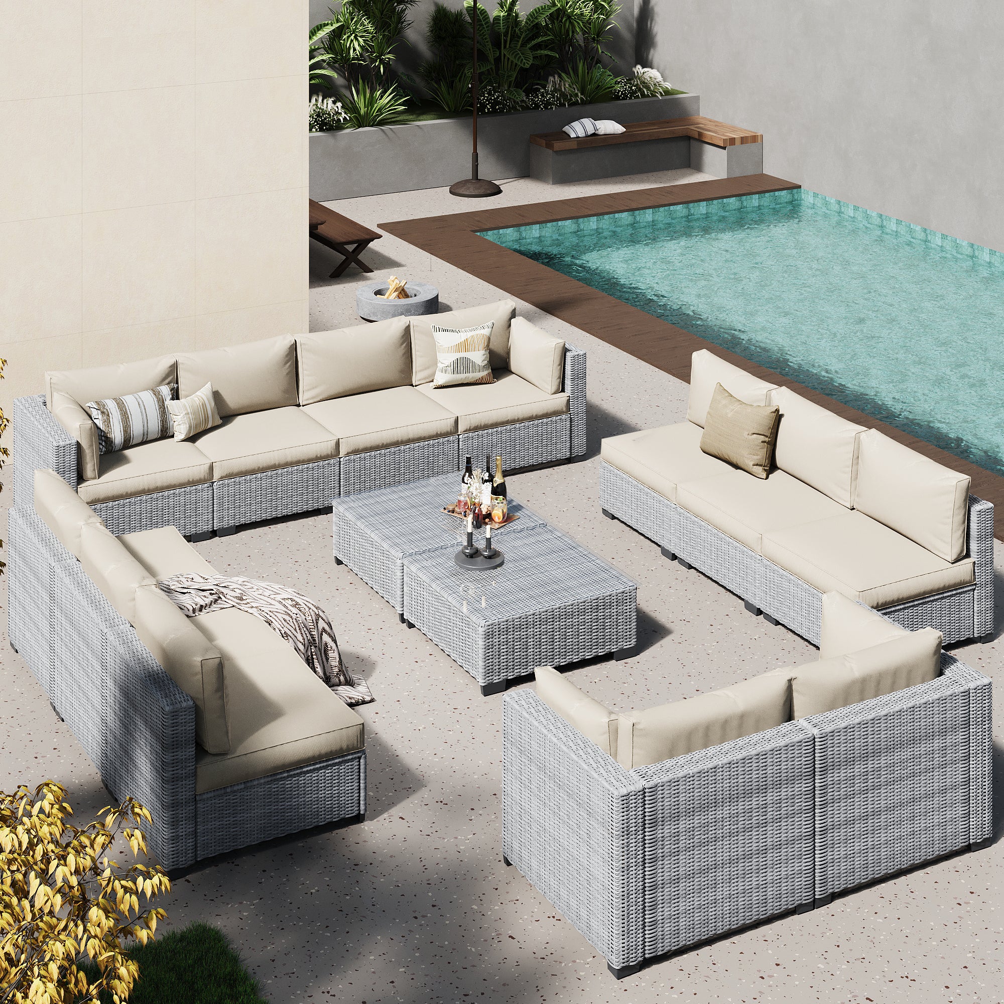 Ark Design 14-Piece Rattan Wicker Outdoor Patio Conversation SofaSeating Set with Coffee Table, Beige Cushions with Sofa Protection Cover Option