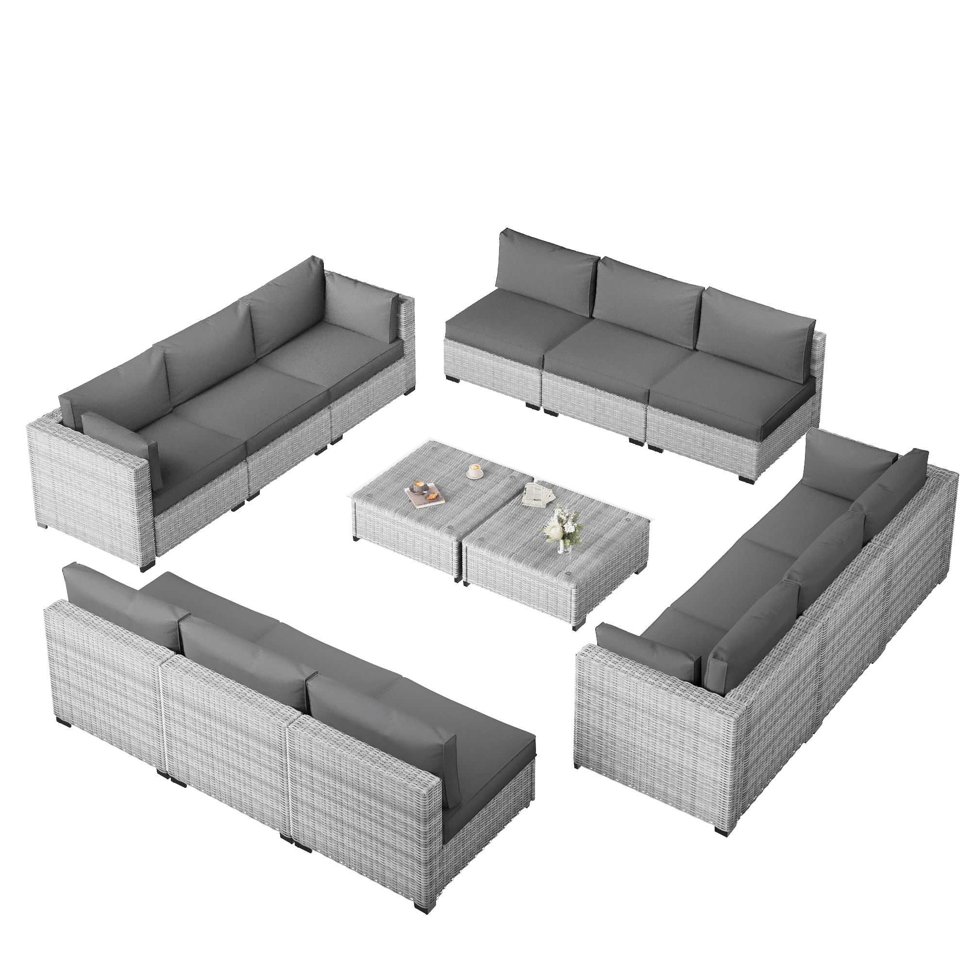 Ark Design 14-Piece Rattan Wicker Outdoor Patio Conversation SofaSeating Set with Coffee Table, Gray Cushions with Sofa Protection Cover Option