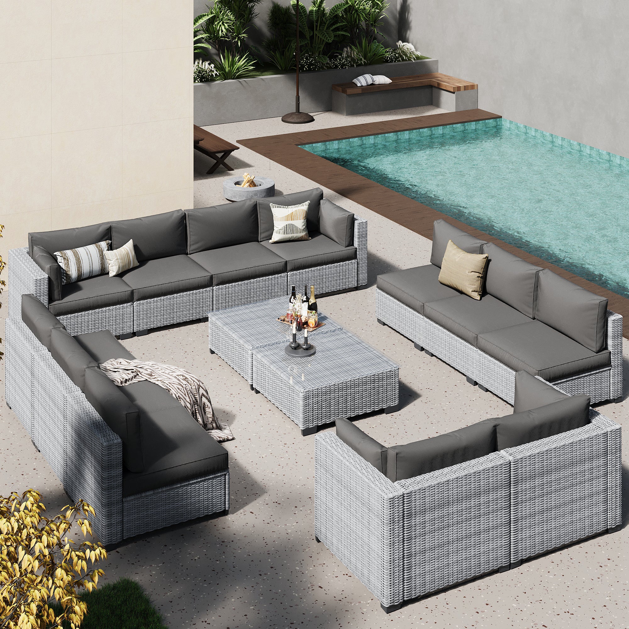 Ark Design 14-Piece Rattan Wicker Outdoor Patio Conversation SofaSeating Set with Coffee Table, Gray Cushions with Sofa Protection Cover Option