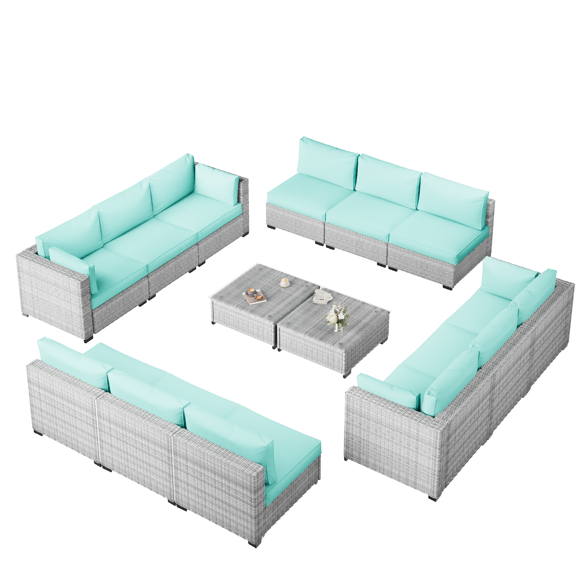 Ark Design 14-Piece Rattan Wicker Outdoor Patio Conversation SofaSeating Set with Coffee Table, Green Cushions with Sofa Protection Cover Option