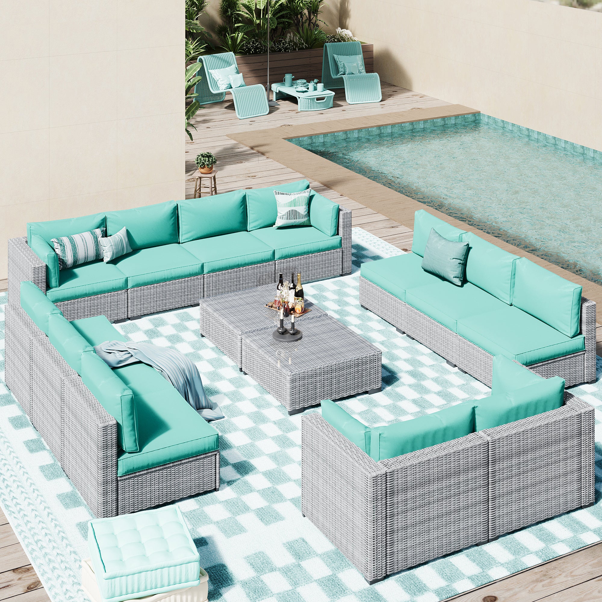 Ark Design 14-Piece Rattan Wicker Outdoor Patio Conversation SofaSeating Set with Coffee Table, Green Cushions with Sofa Protection Cover Option