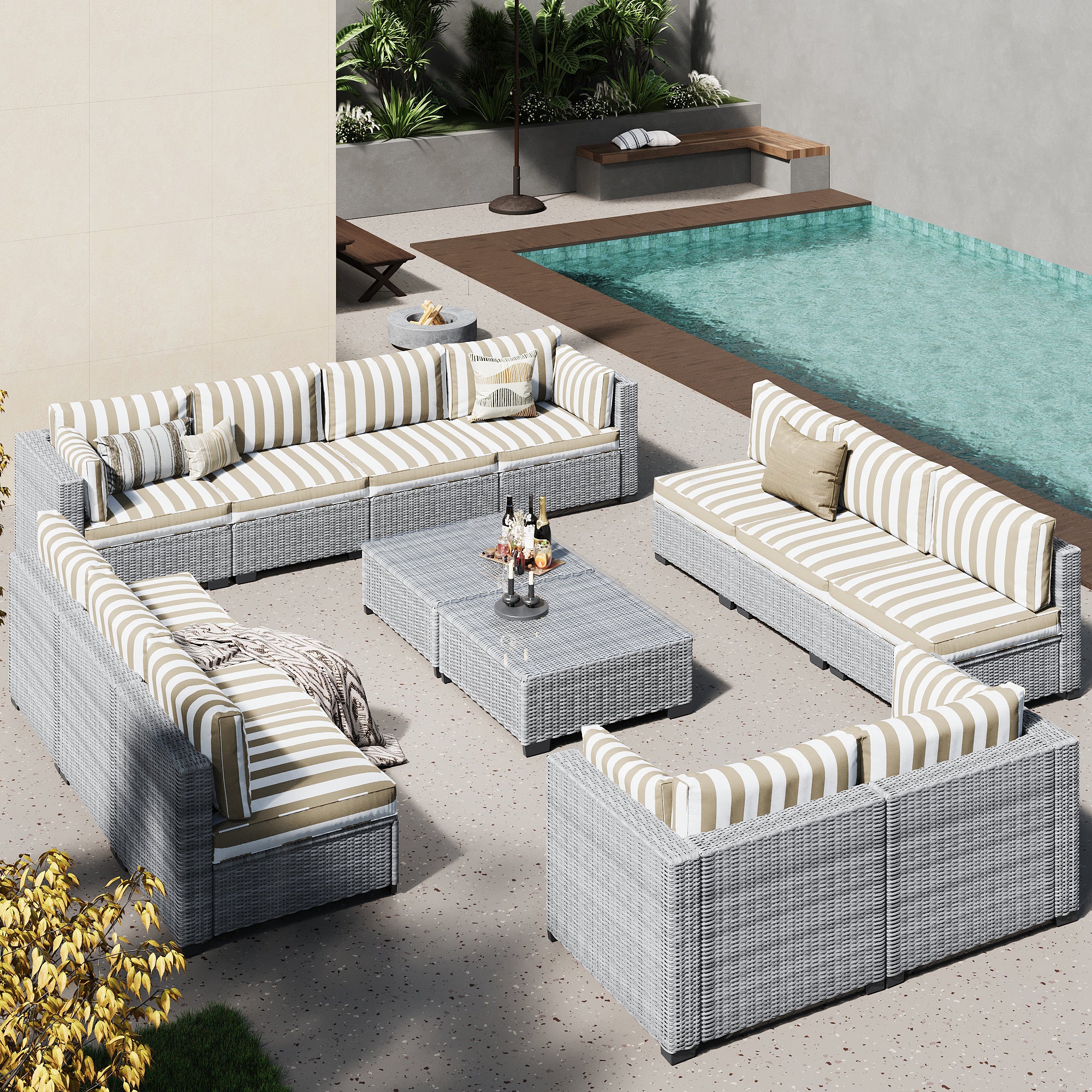 Ark Design 14-Piece Rattan Wicker Outdoor Patio Conversation SofaSeating Set with Coffee Table, Stripe Brown Cushions with Sofa Protection Cover Option
