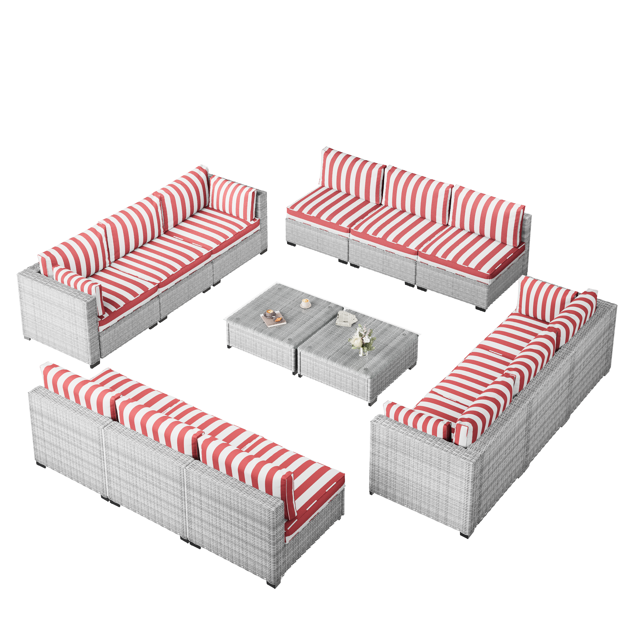 Ark Design 14-Piece Rattan Wicker Outdoor Patio Conversation SofaSeating Set with Coffee Table, Stripe Red Cushions with Sofa Protection Cover Option