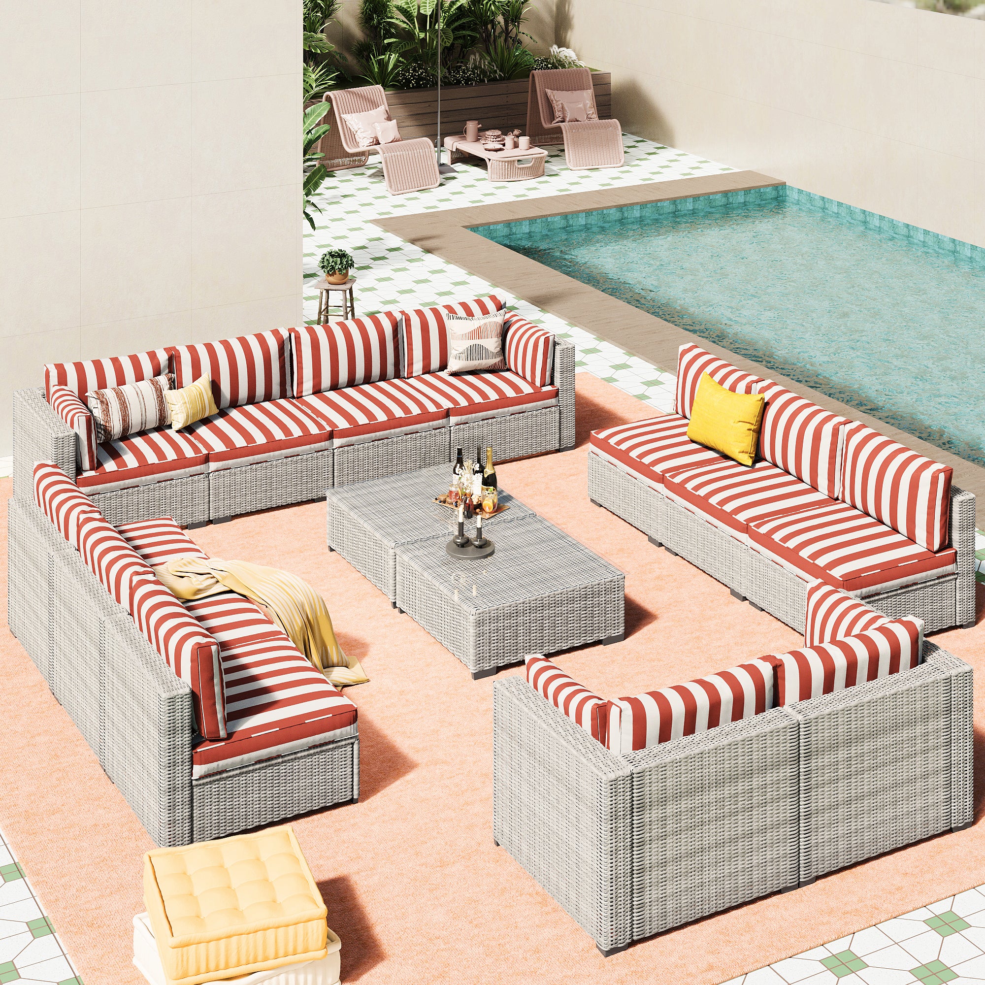 Ark Design 14-Piece Rattan Wicker Outdoor Patio Conversation SofaSeating Set with Coffee Table, Stripe Red Cushions with Sofa Protection Cover Option