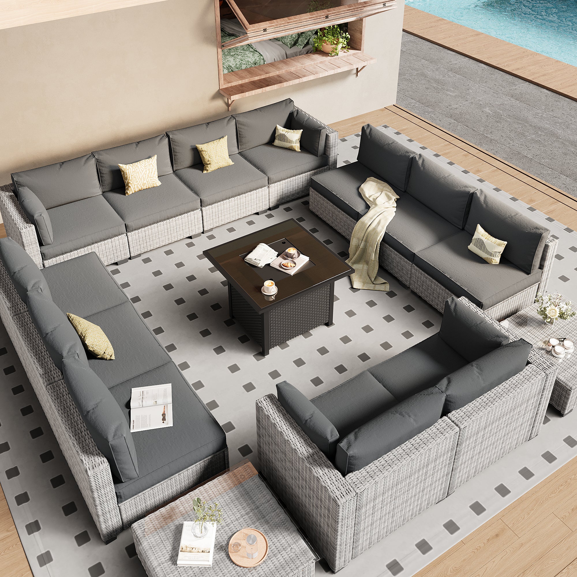 Ark Design 14-Piece Rattan Wicker Outdoor Patio Conversation SofaSeating Set with Coffee Table and fire bit, Gray Cushions with Sofa Protection Cover Option