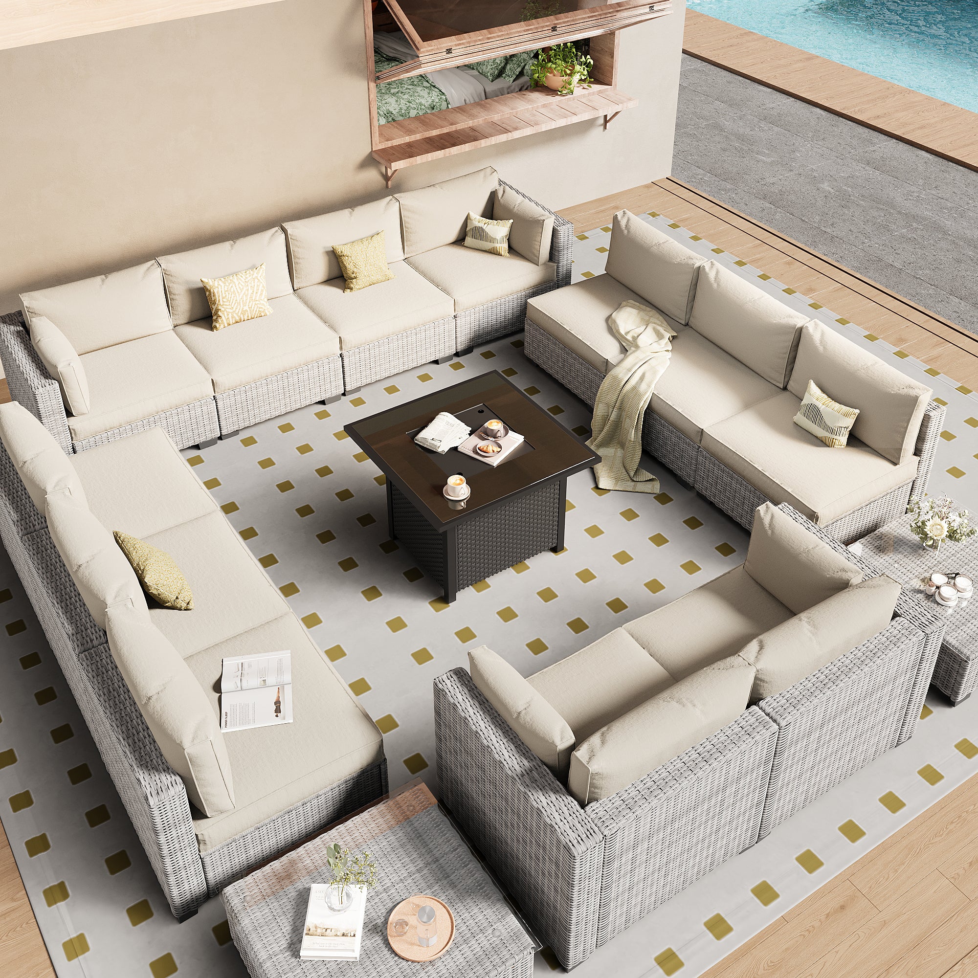 Ark Design 14-Piece Rattan Wicker Outdoor Patio Conversation SofaSeating Set with Coffee Table and fire pit, Beige Cushions with Sofa Protection Cover Option