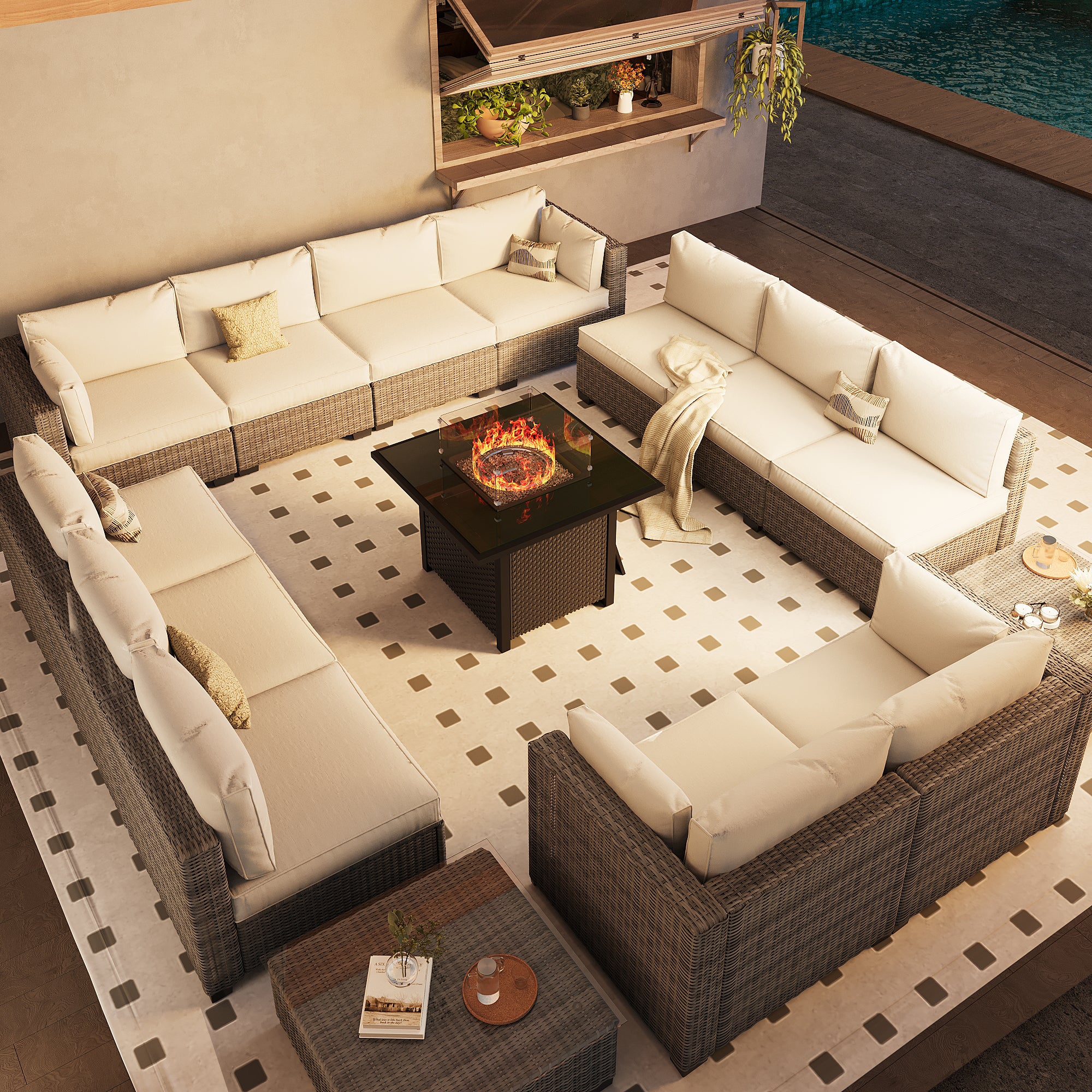 Ark Design 14-Piece Rattan Wicker Outdoor Patio Conversation SofaSeating Set with Coffee Table and fire pit, Beige Cushions with Sofa Protection Cover Option