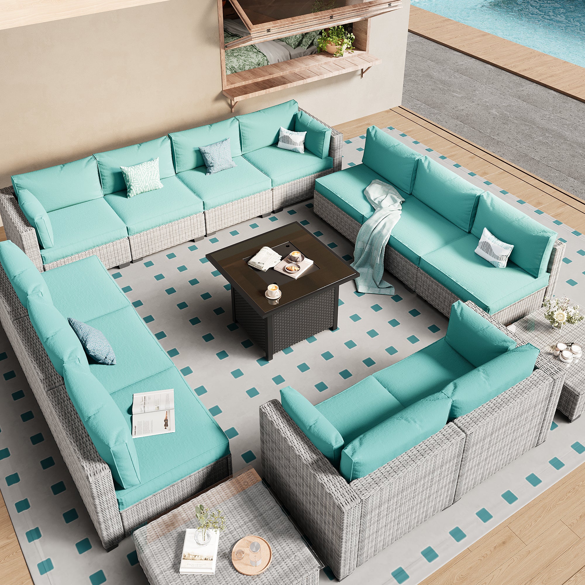 Ark Design 14-Piece Rattan Wicker Outdoor Patio Conversation SofaSeating Set with Coffee Table and fire pit, Green Cushions with Sofa Protection Cover Option