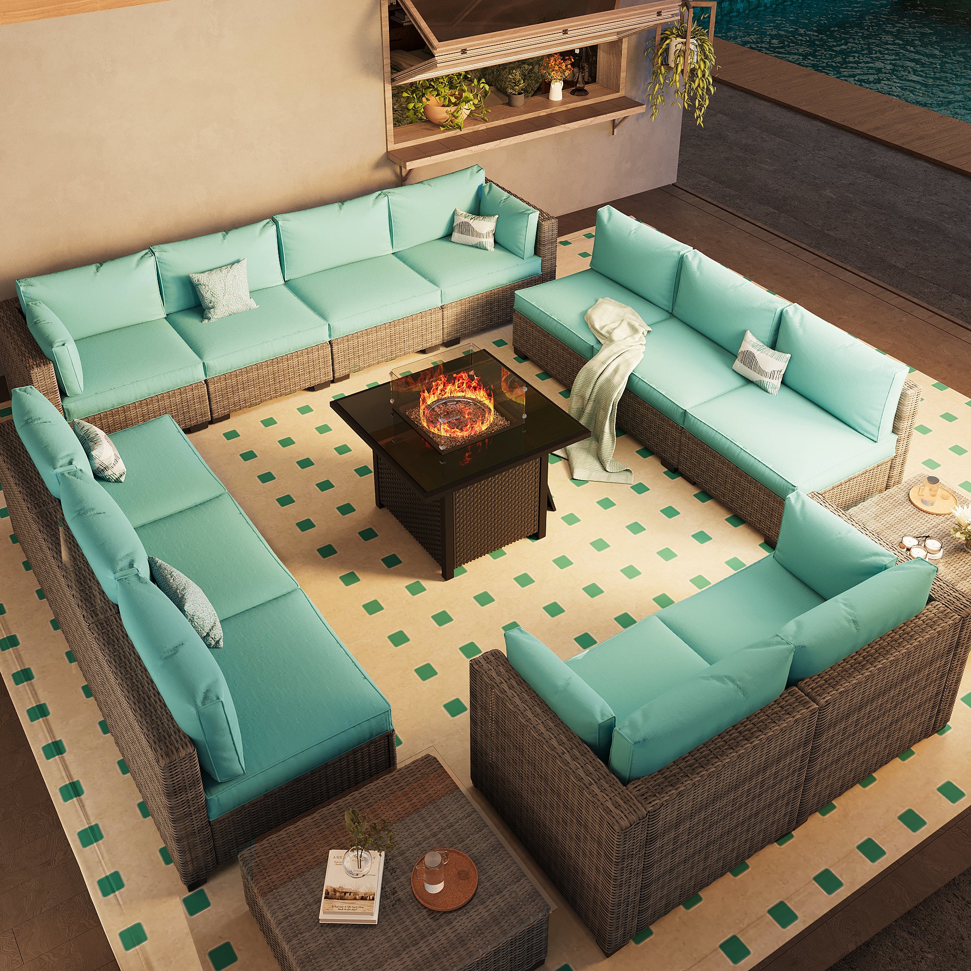 Ark Design 14-Piece Rattan Wicker Outdoor Patio Conversation SofaSeating Set with Coffee Table and fire pit, Green Cushions with Sofa Protection Cover Option