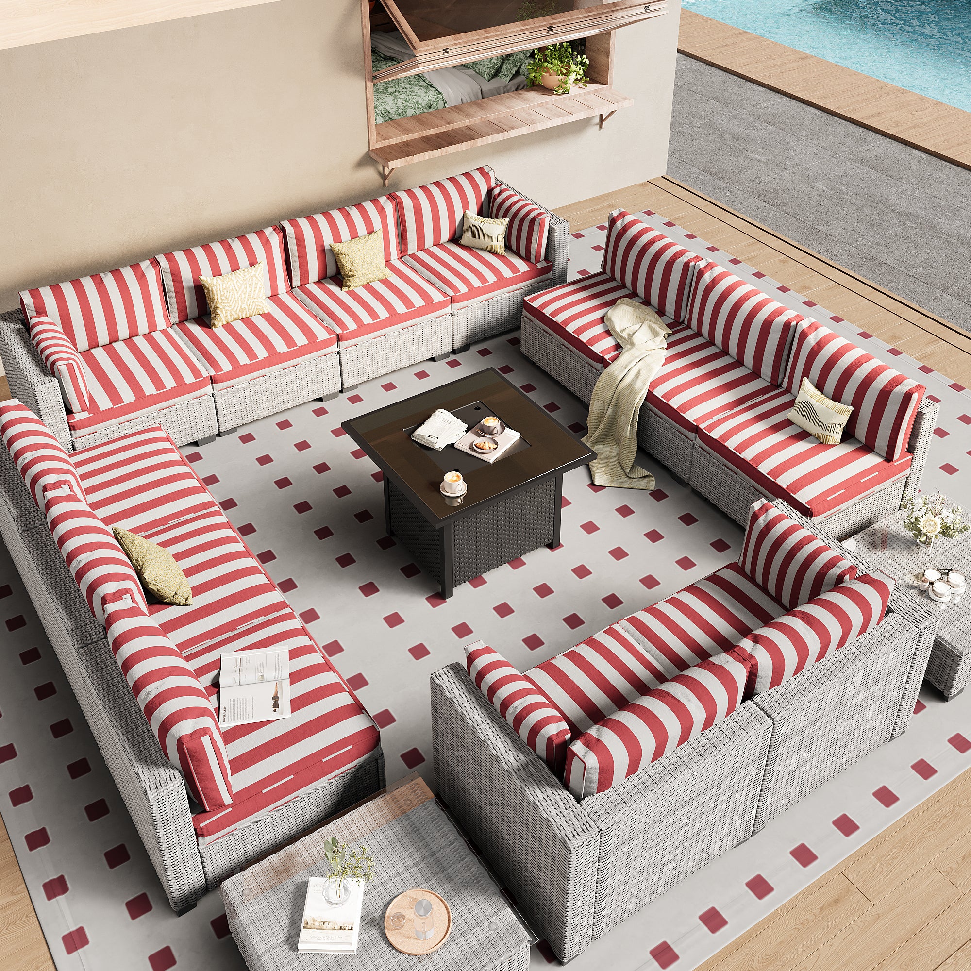 Ark Design 14-Piece Rattan Wicker Outdoor Patio Conversation SofaSeating Set with Coffee Table and fire pit, Stripe Red Cushions with Sofa Protection Cover Option