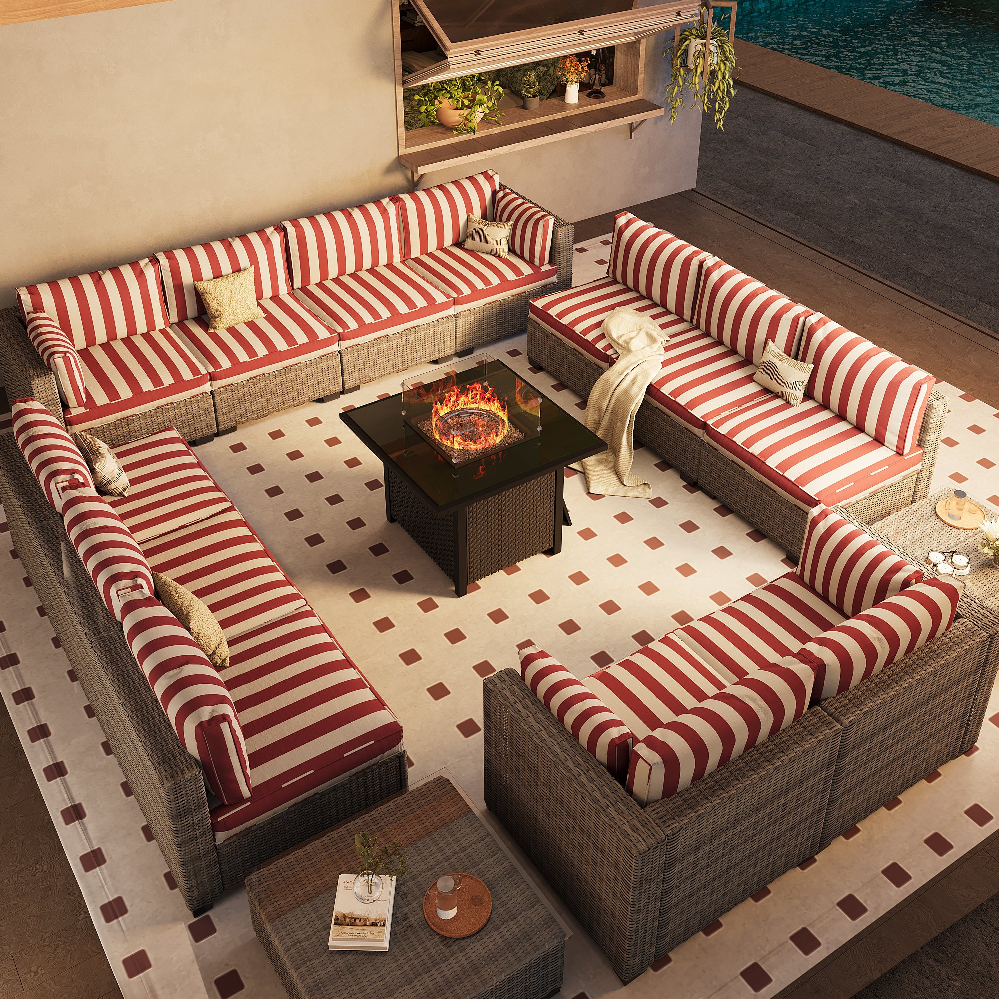Ark Design 14-Piece Rattan Wicker Outdoor Patio Conversation SofaSeating Set with Coffee Table and fire pit, Stripe Red Cushions with Sofa Protection Cover Option